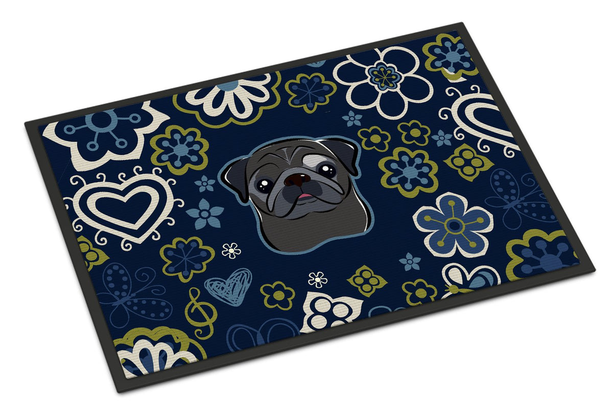 Blue Flowers Black Pug Indoor or Outdoor Mat 24x36 BB5114JMAT by Caroline&#39;s Treasures