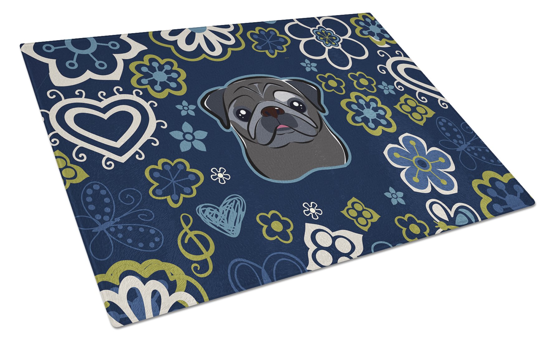 Blue Flowers Black Pug Glass Cutting Board Large BB5114LCB by Caroline's Treasures