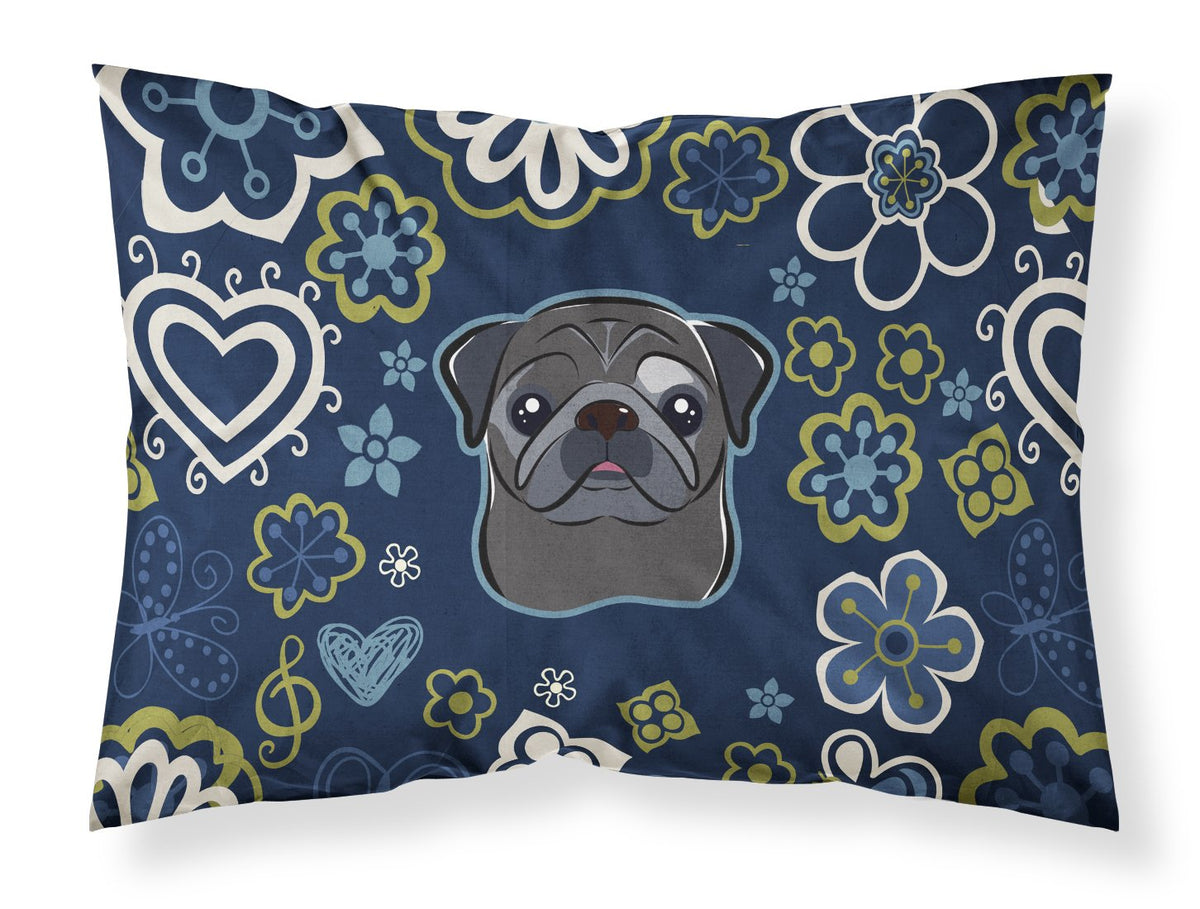 Blue Flowers Black Pug Fabric Standard Pillowcase BB5114PILLOWCASE by Caroline&#39;s Treasures