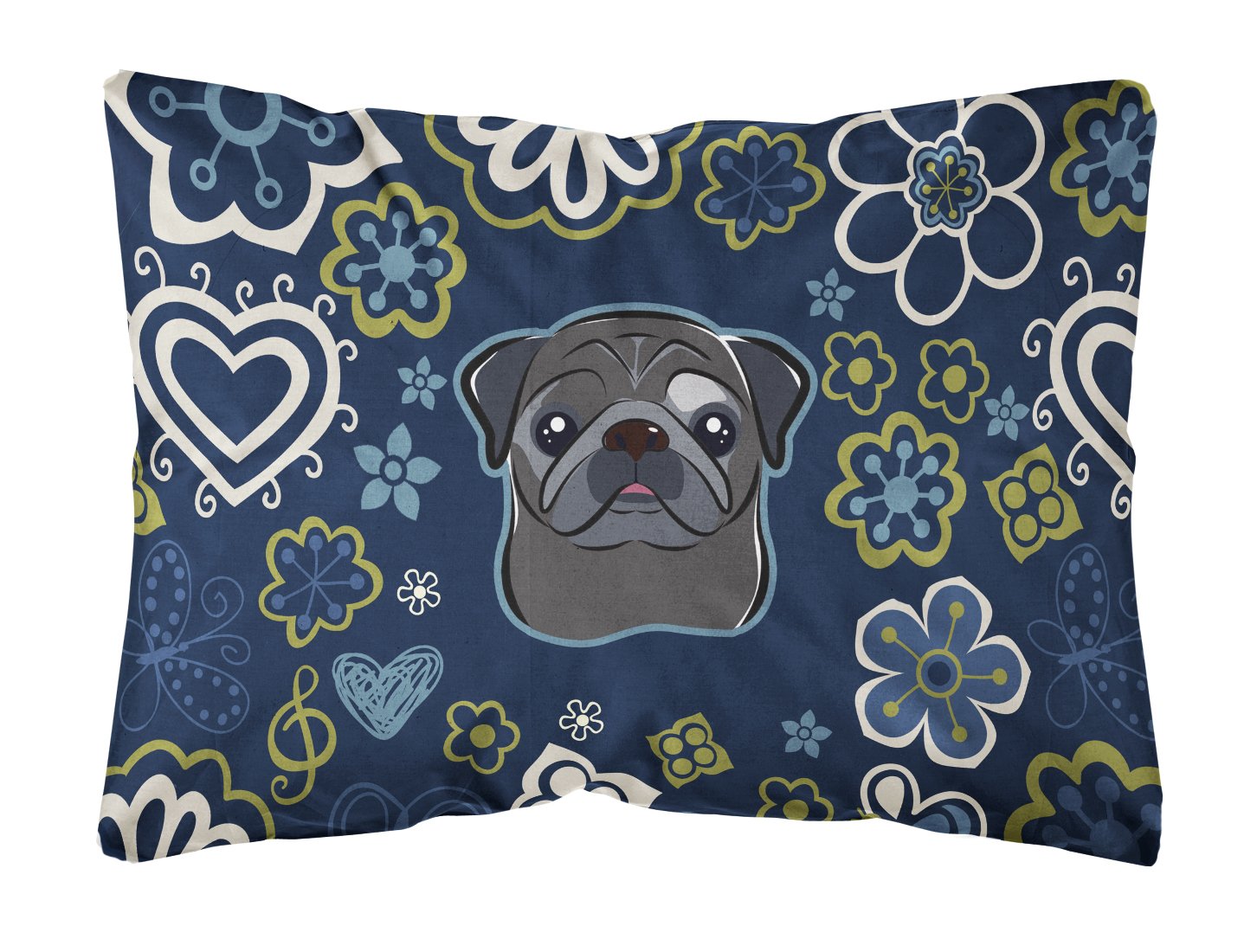 Blue Flowers Black Pug Canvas Fabric Decorative Pillow BB5114PW1216 by Caroline's Treasures