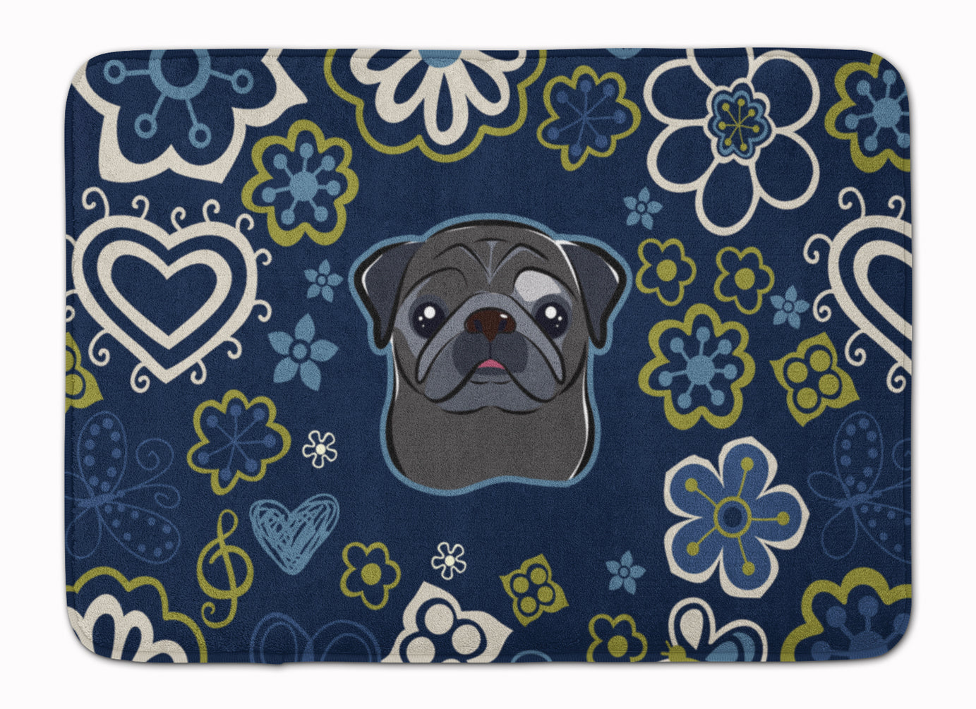 Blue Flowers Black Pug Machine Washable Memory Foam Mat BB5114RUG - the-store.com