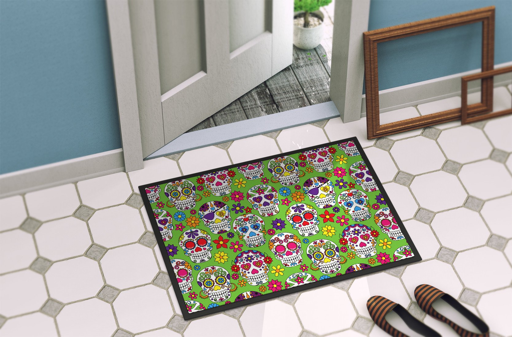 Day of the Dead Green Indoor or Outdoor Mat 24x36 BB5117JMAT by Caroline's Treasures