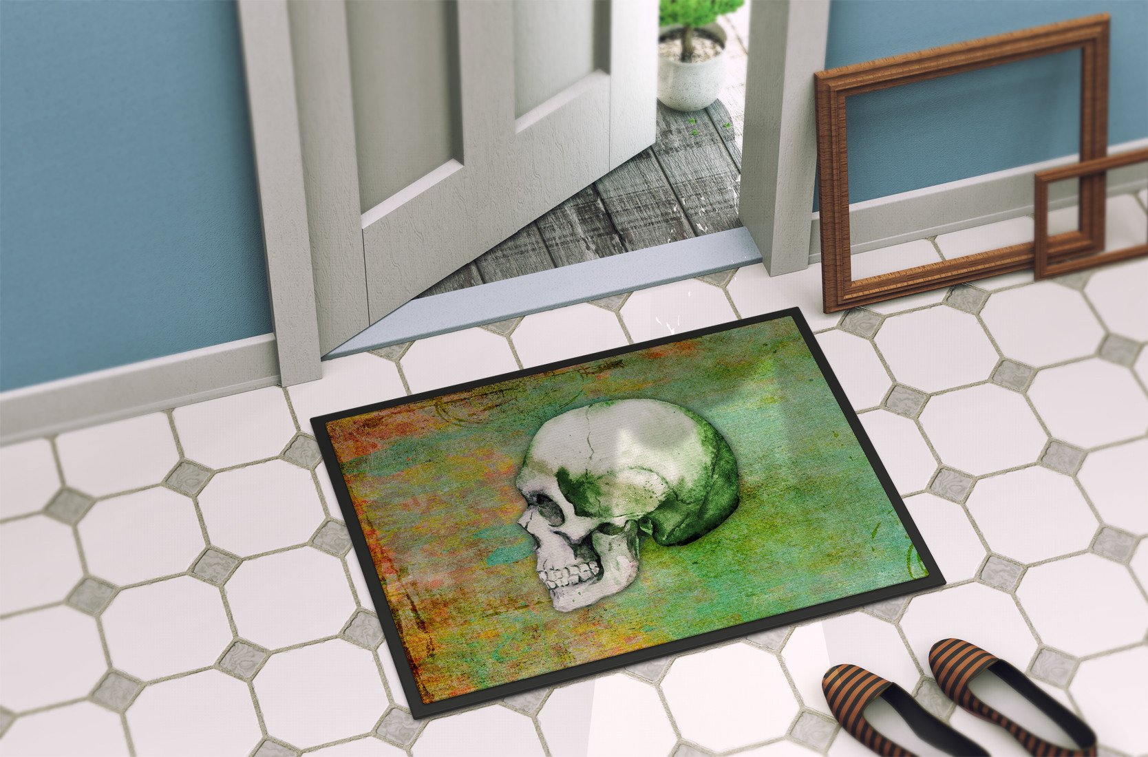 Day of the Dead Green Skull Indoor or Outdoor Mat 24x36 BB5122JMAT by Caroline's Treasures