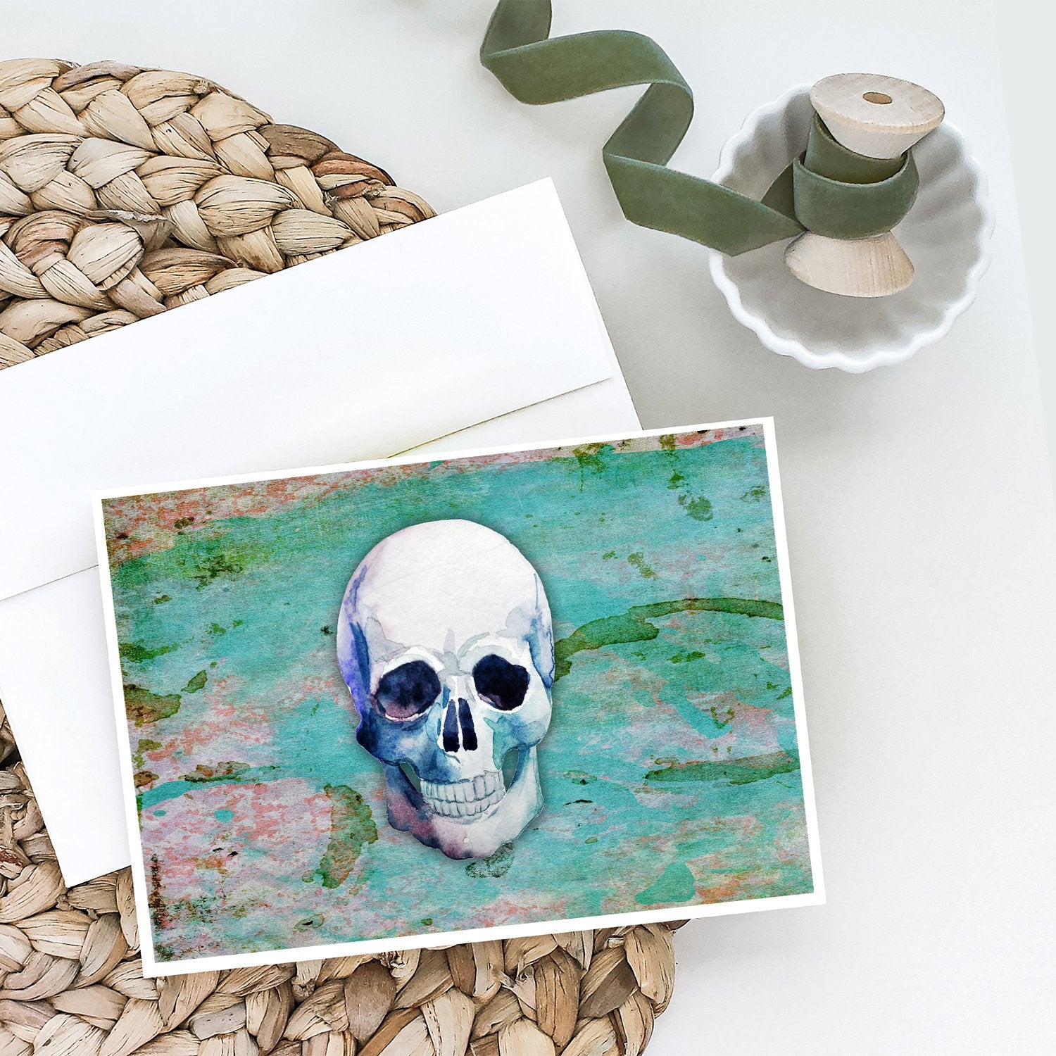 Buy this Day of the Dead Teal Skull Greeting Cards and Envelopes Pack of 8