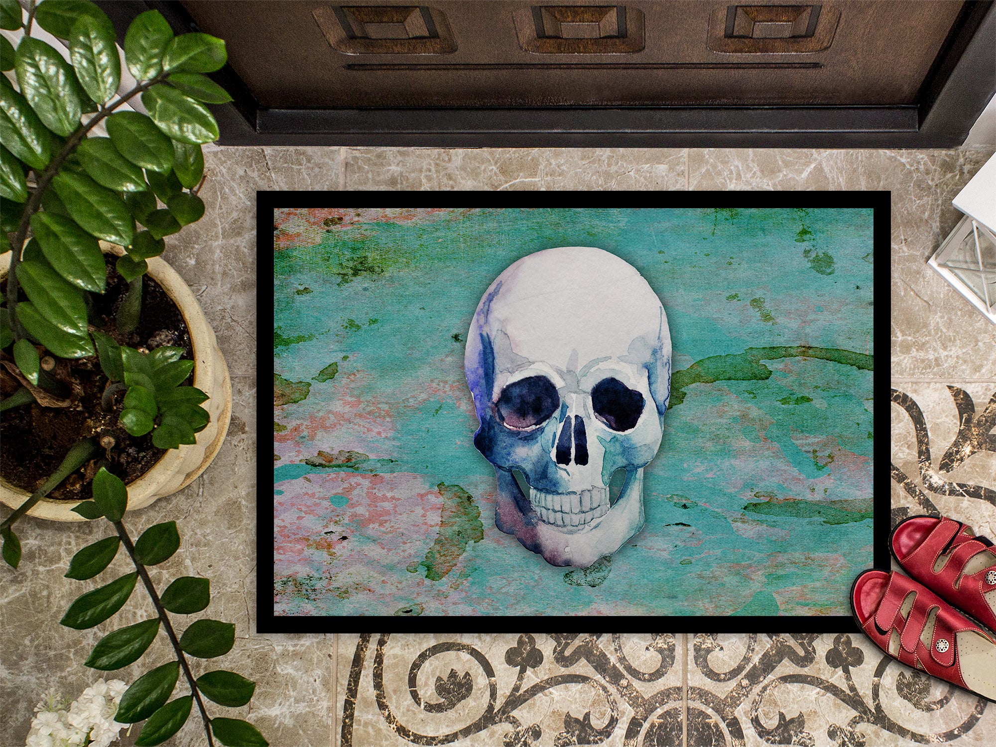 Day of the Dead Teal Skull Indoor or Outdoor Mat 18x27 BB5123MAT - the-store.com