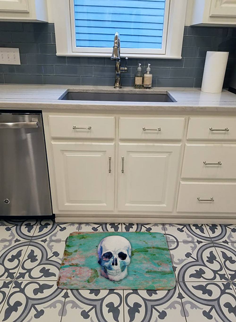 Day of the Dead Teal Skull Machine Washable Memory Foam Mat BB5123RUG - the-store.com