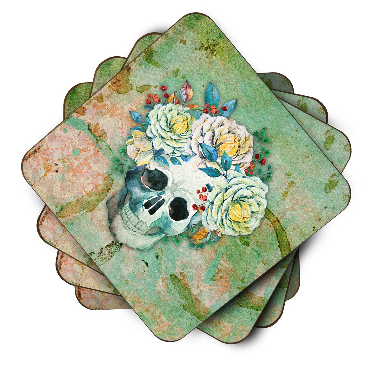 Day of the Dead Skull with Flowers Foam Coaster Set of 4 BB5124FC - the-store.com