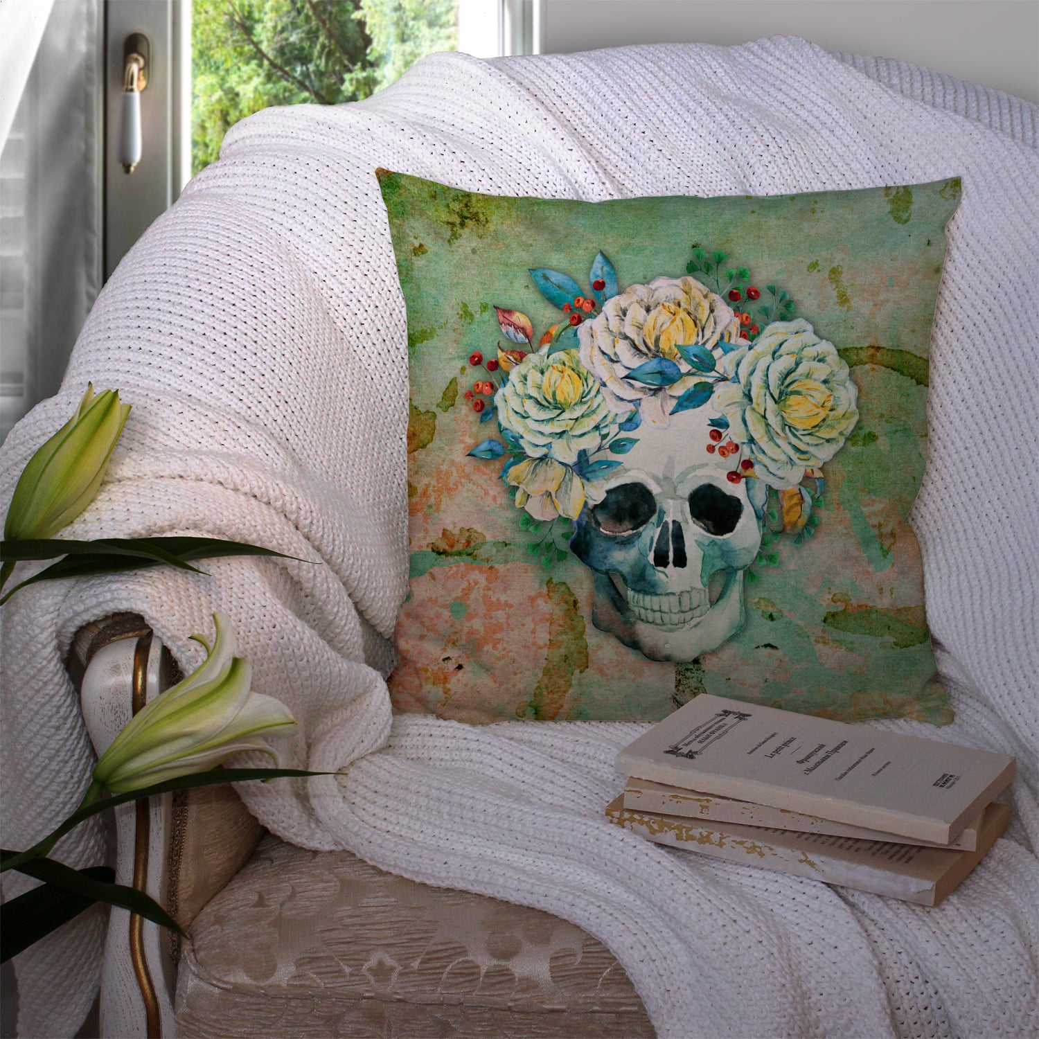 Day of the Dead Skull with Flowers Fabric Decorative Pillow BB5124PW1414 - the-store.com