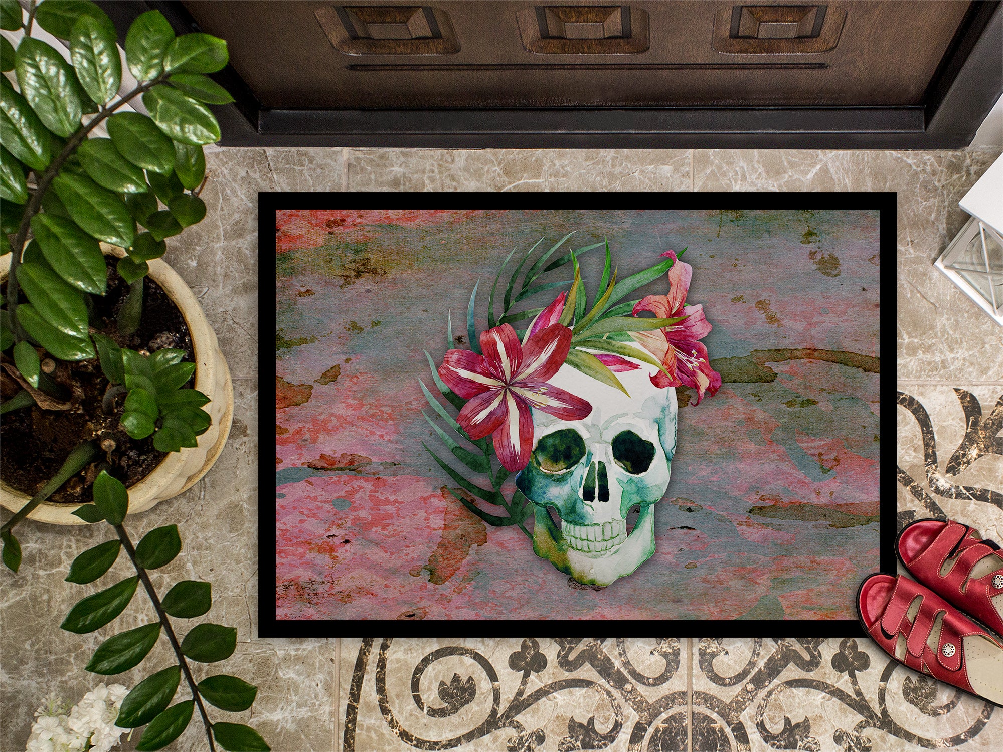 Day of the Dead Skull Flowers Indoor or Outdoor Mat 18x27 BB5125MAT - the-store.com