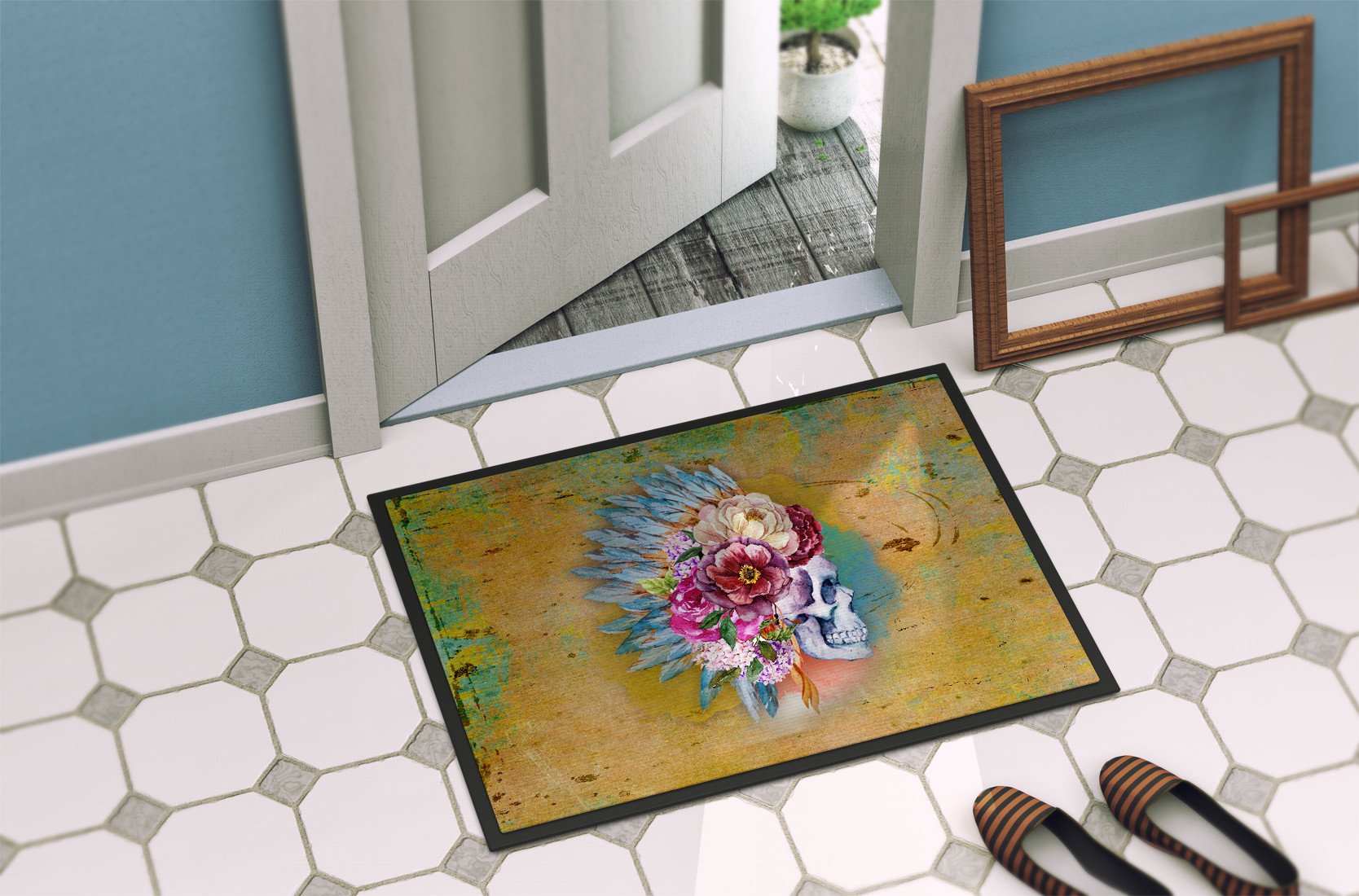 Day of the Dead Flowers Skull  Indoor or Outdoor Mat 24x36 BB5129JMAT by Caroline's Treasures