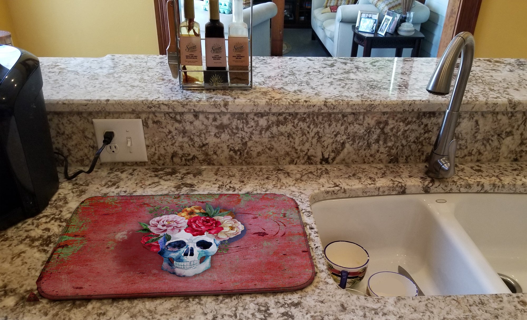 Day of the Dead Red Flowers Skull  Dish Drying Mat BB5130DDM  the-store.com.