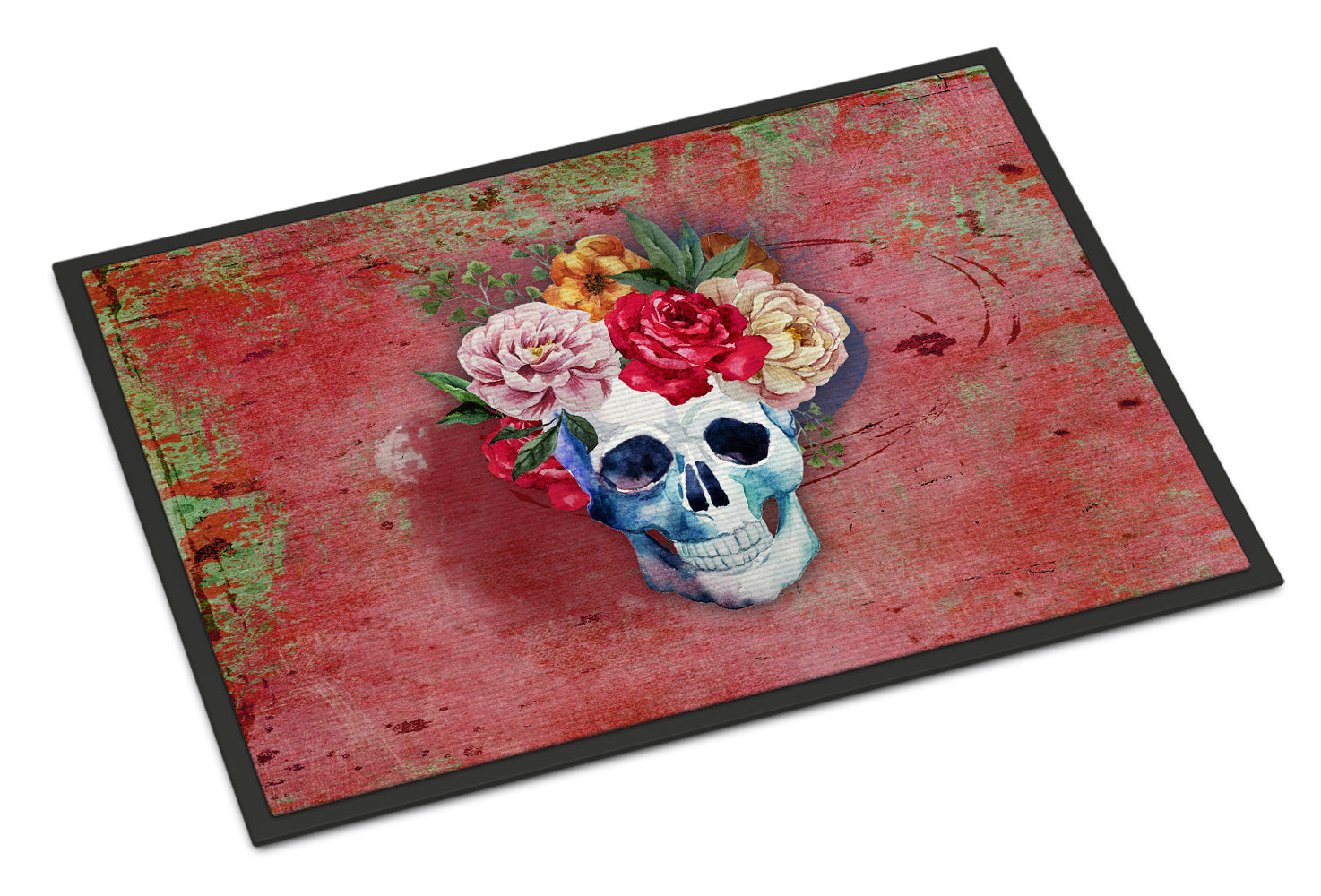 Day of the Dead Red Flowers Skull  Indoor or Outdoor Mat 18x27 BB5130MAT - the-store.com