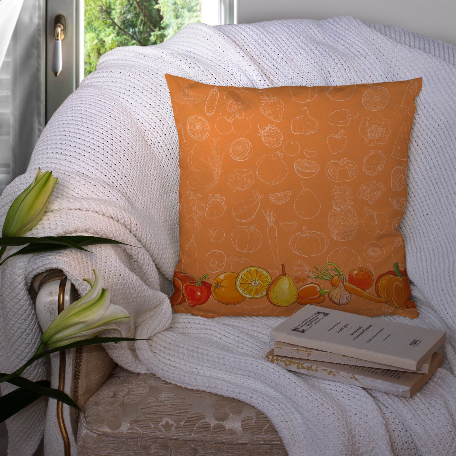 Fruits and Vegetables in Orange Fabric Decorative Pillow BB5131PW1414 - the-store.com
