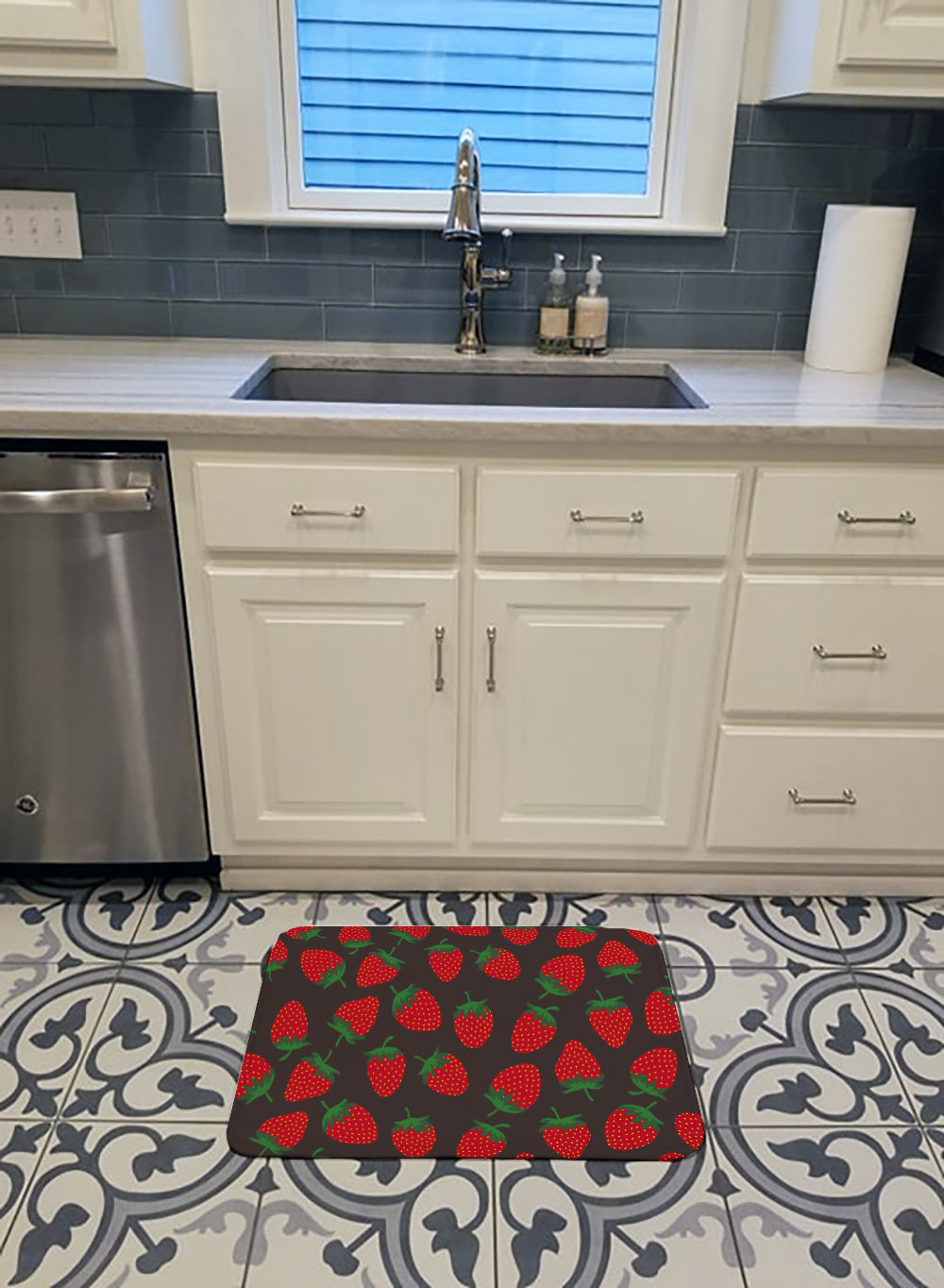 Strawberries on Gray Machine Washable Memory Foam Mat BB5137RUG - the-store.com