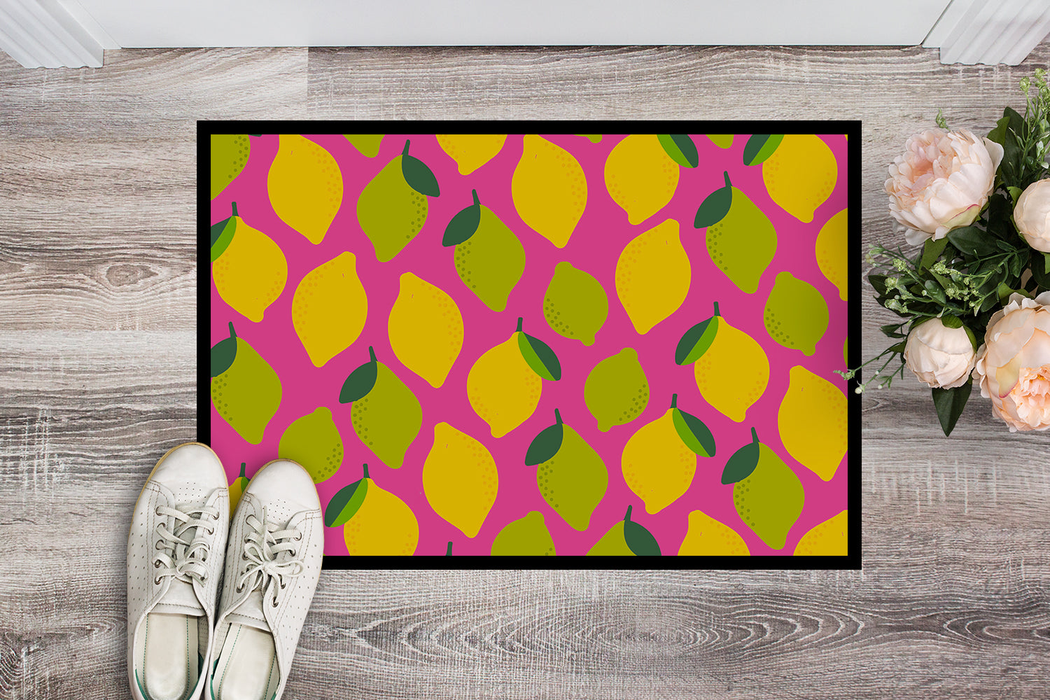 Lemons and Limes on Pink Indoor or Outdoor Mat 18x27 BB5143MAT - the-store.com