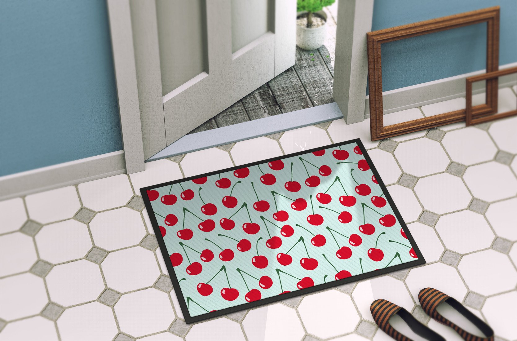 Cherries on Blue Indoor or Outdoor Mat 24x36 BB5148JMAT by Caroline's Treasures