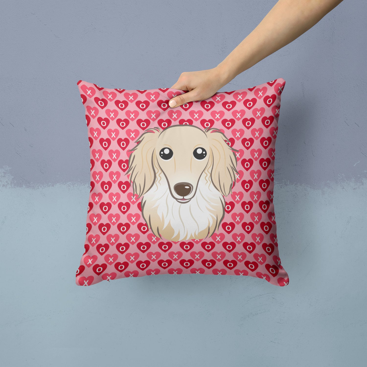 Longhair Creme Dachshund Hearts Fabric Decorative Pillow BB5282PW1414 - the-store.com