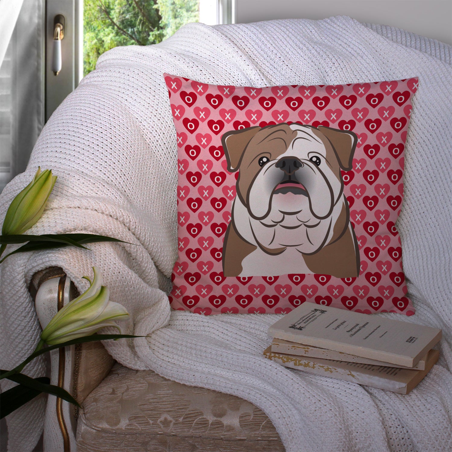 English Bulldog  Hearts Fabric Decorative Pillow BB5289PW1414 - the-store.com
