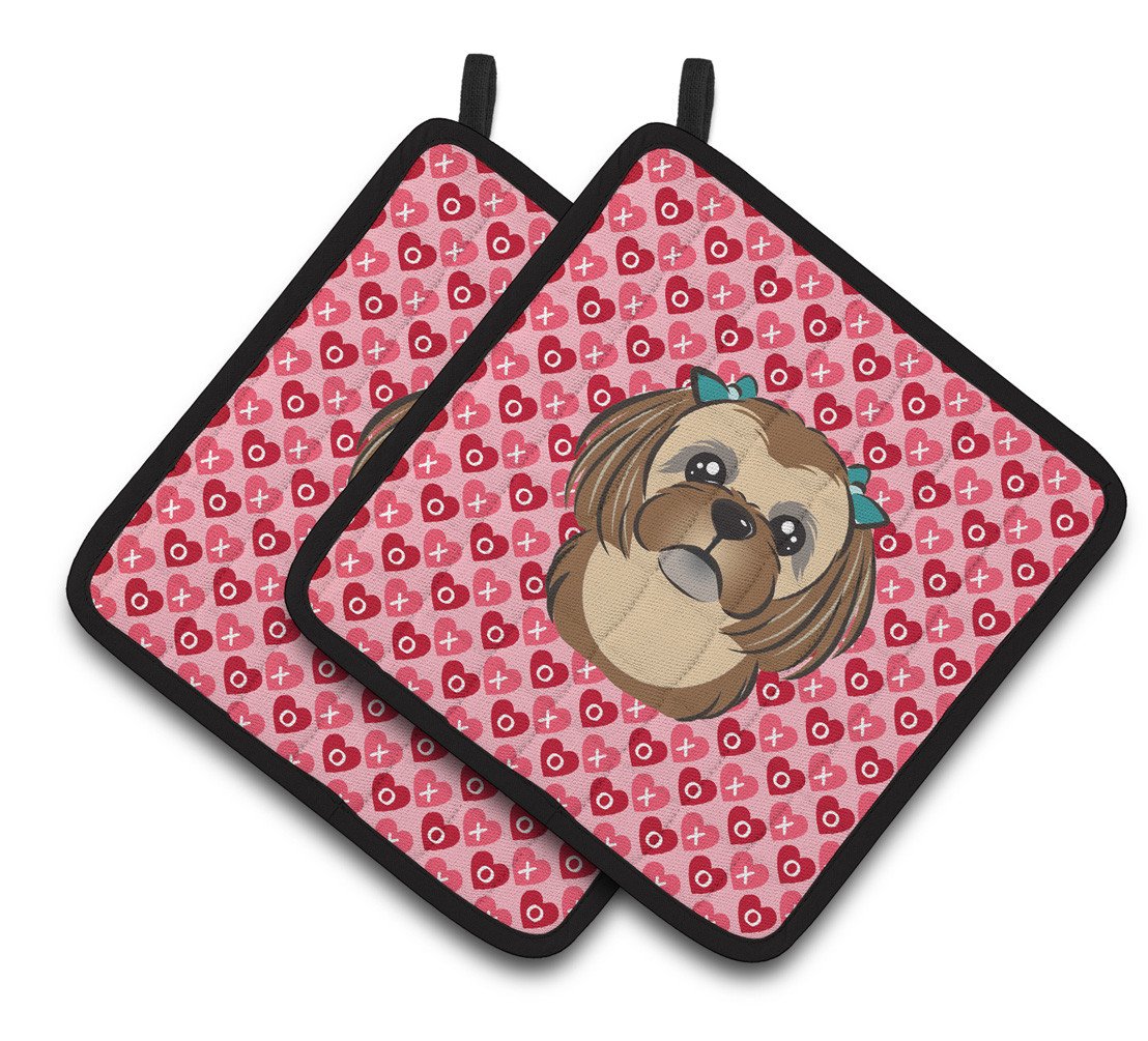 Chocolate Brown Shih Tzu Hearts Pair of Pot Holders BB5319PTHD by Caroline&#39;s Treasures