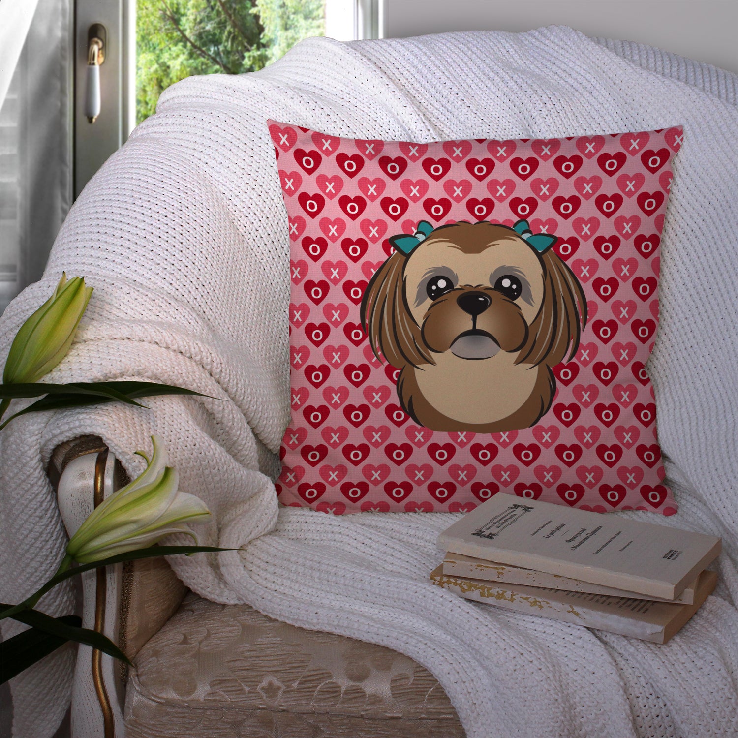 Chocolate Brown Shih Tzu Hearts Fabric Decorative Pillow BB5319PW1414 - the-store.com