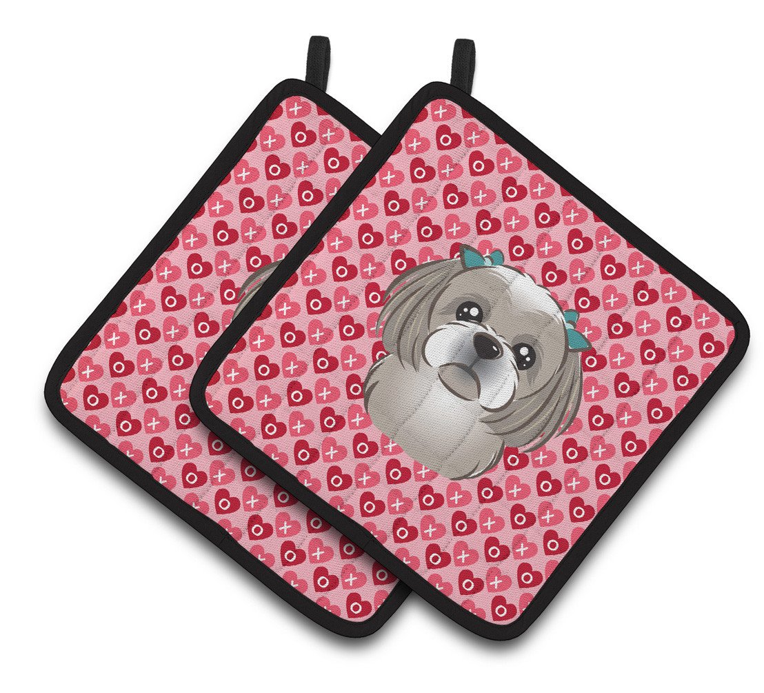 Gray Silver Shih Tzu Hearts Pair of Pot Holders BB5320PTHD by Caroline&#39;s Treasures