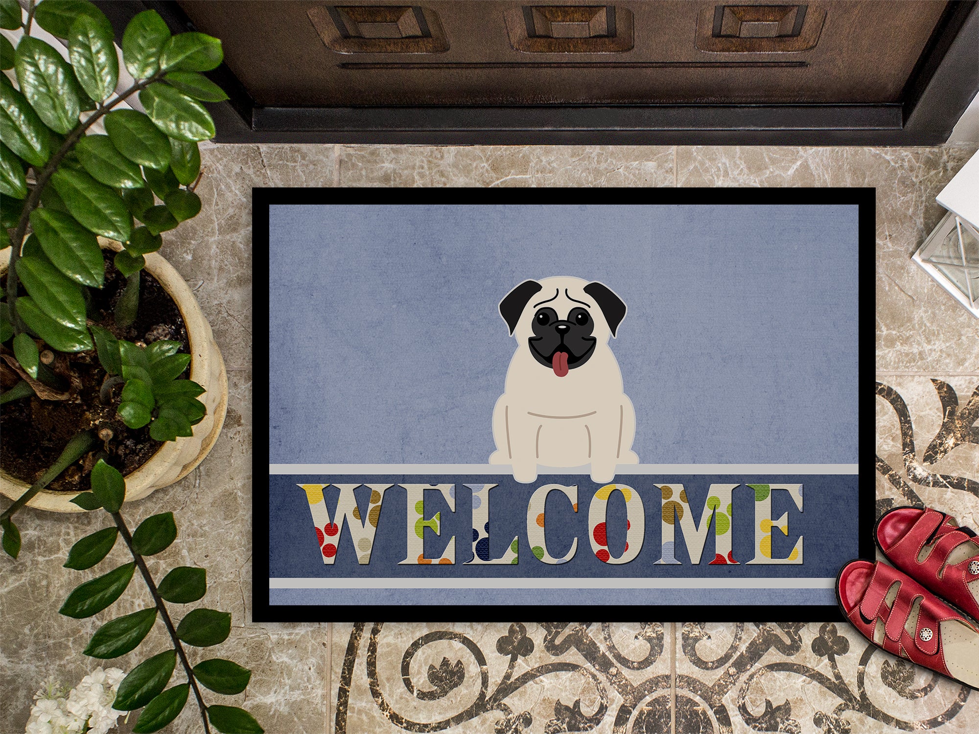 Pug Cream Welcome Indoor or Outdoor Mat 18x27 BB5585MAT - the-store.com