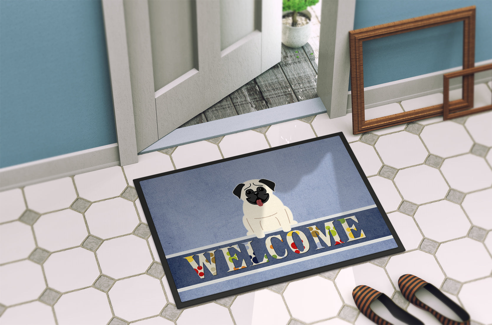 Pug Cream Welcome Indoor or Outdoor Mat 18x27 BB5585MAT - the-store.com