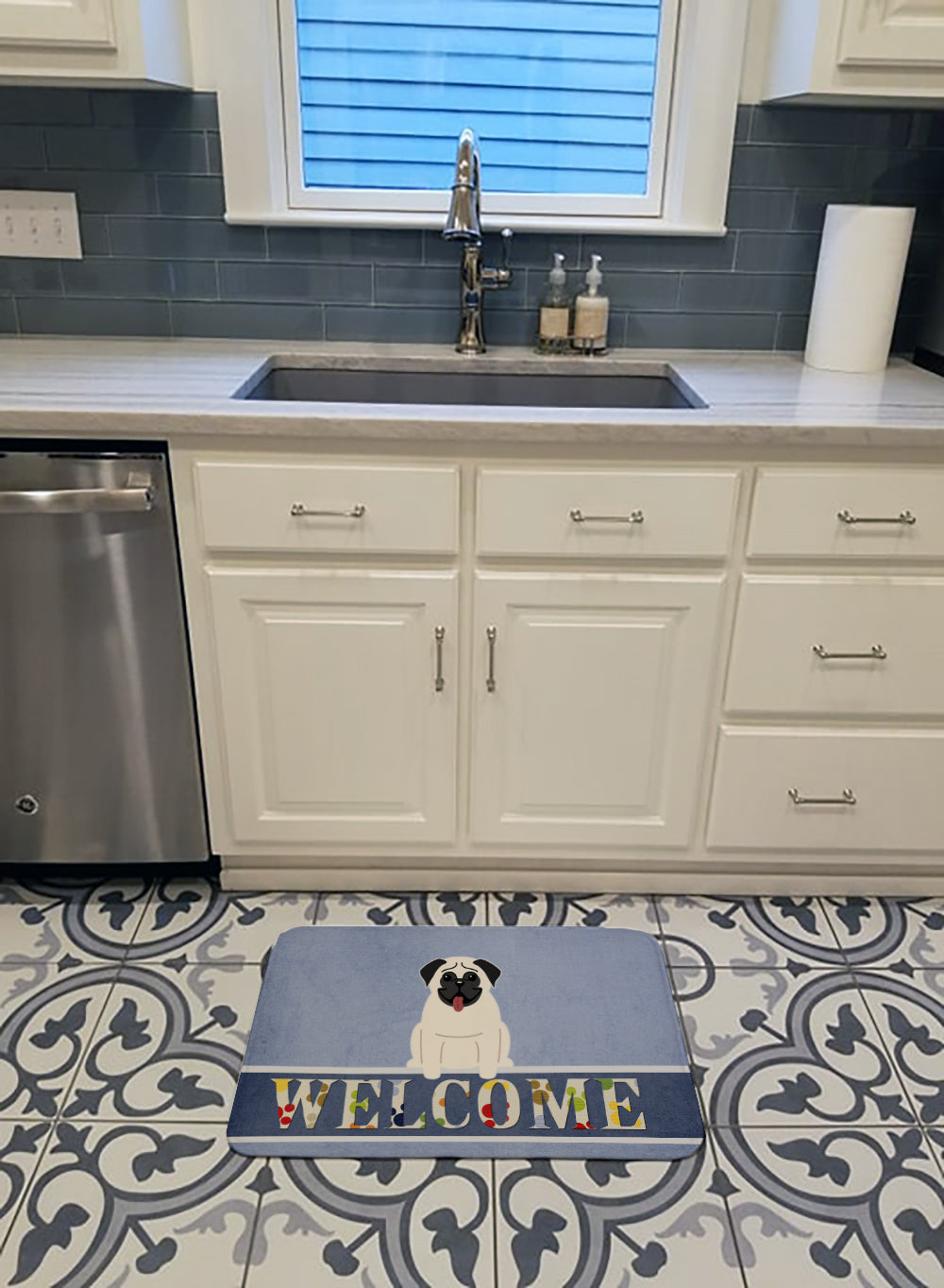 Pug Cream Welcome Machine Washable Memory Foam Mat BB5585RUG - the-store.com