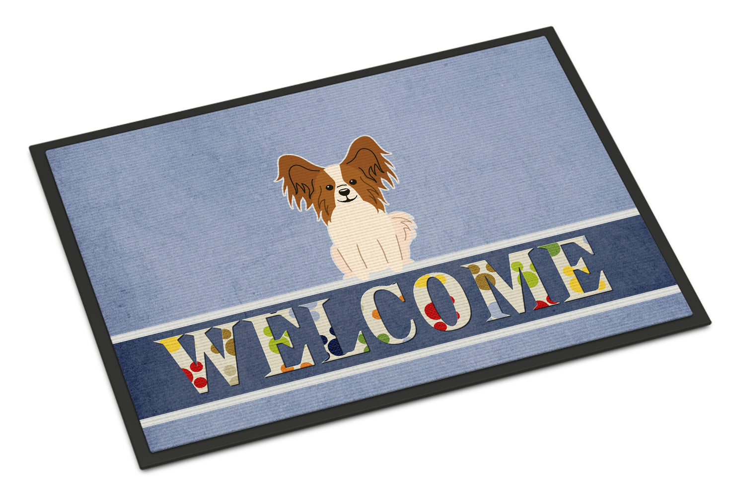 Papillon Red White Welcome Indoor or Outdoor Mat 18x27 BB5659MAT - the-store.com