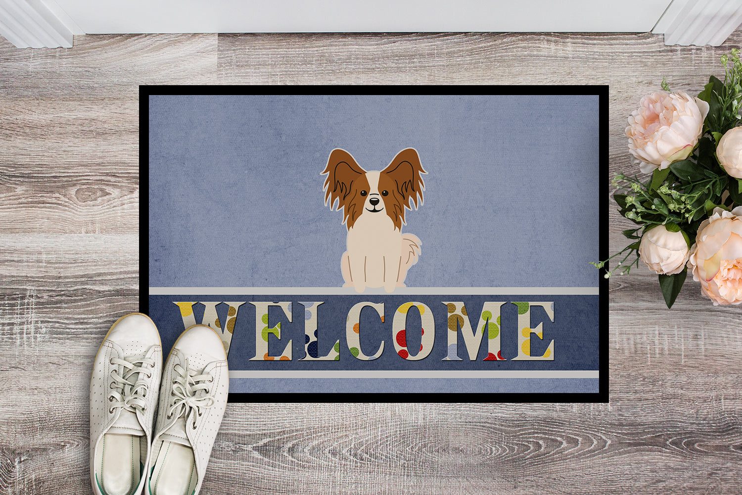 Papillon Red White Welcome Indoor or Outdoor Mat 18x27 BB5659MAT - the-store.com