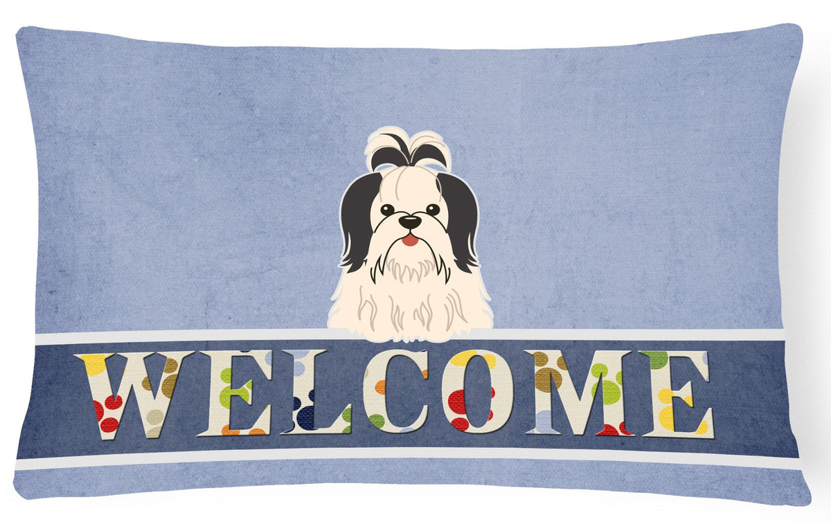 Shih Tzu Black White Welcome Canvas Fabric Decorative Pillow BB5669PW1216 by Caroline&#39;s Treasures