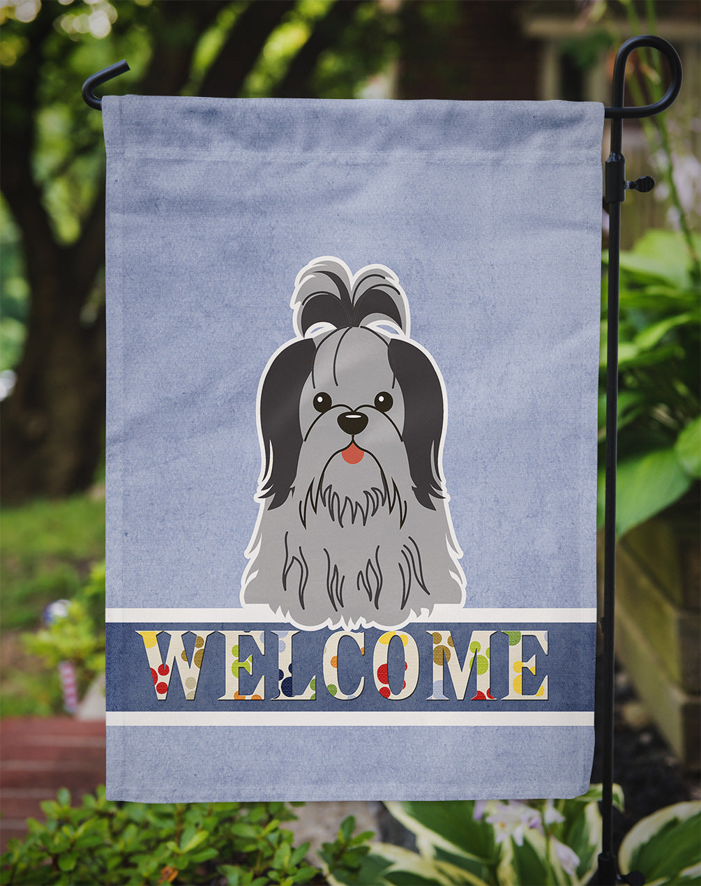 Shih Tzu Black Silver Welcome Flag Garden Size BB5670GF  the-store.com.