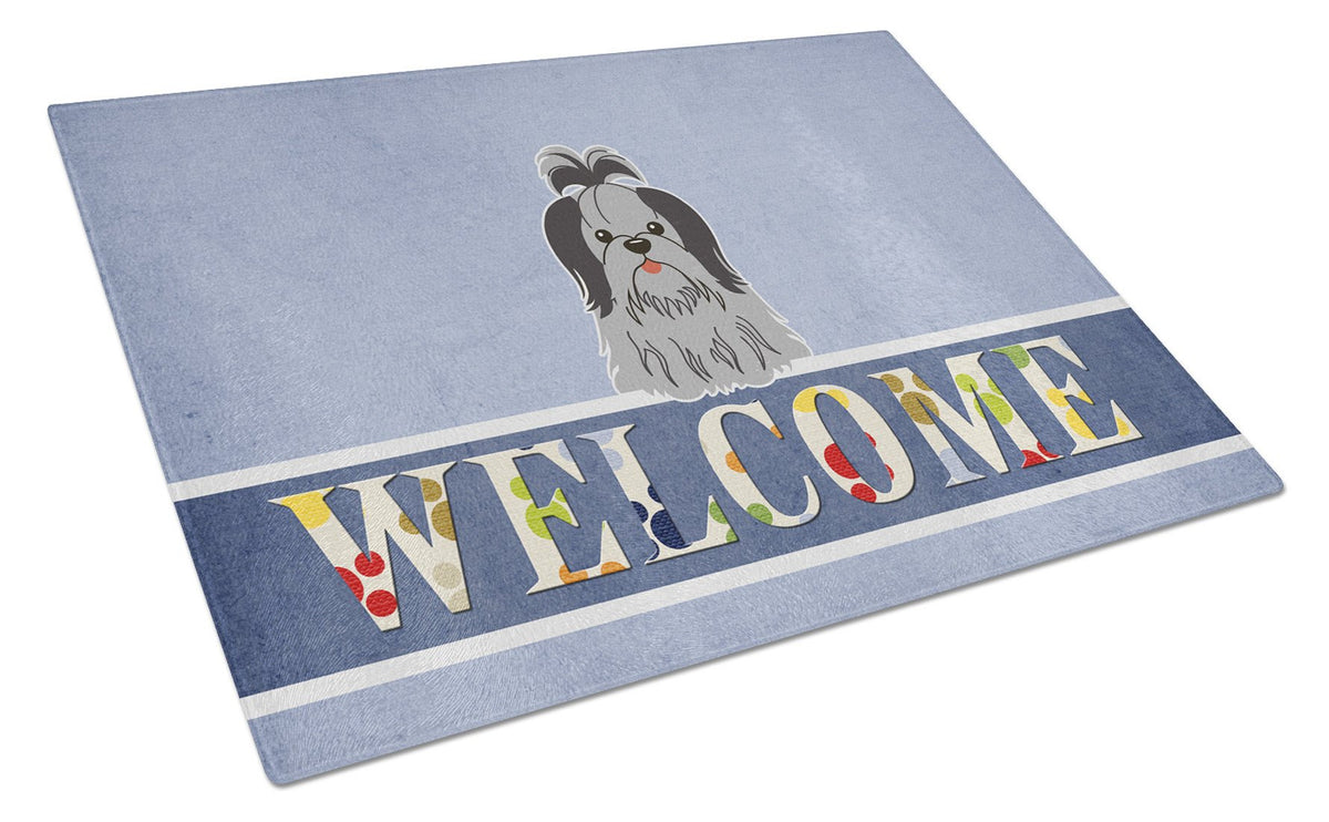 Shih Tzu Black Silver Welcome Glass Cutting Board Large BB5670LCB by Caroline&#39;s Treasures