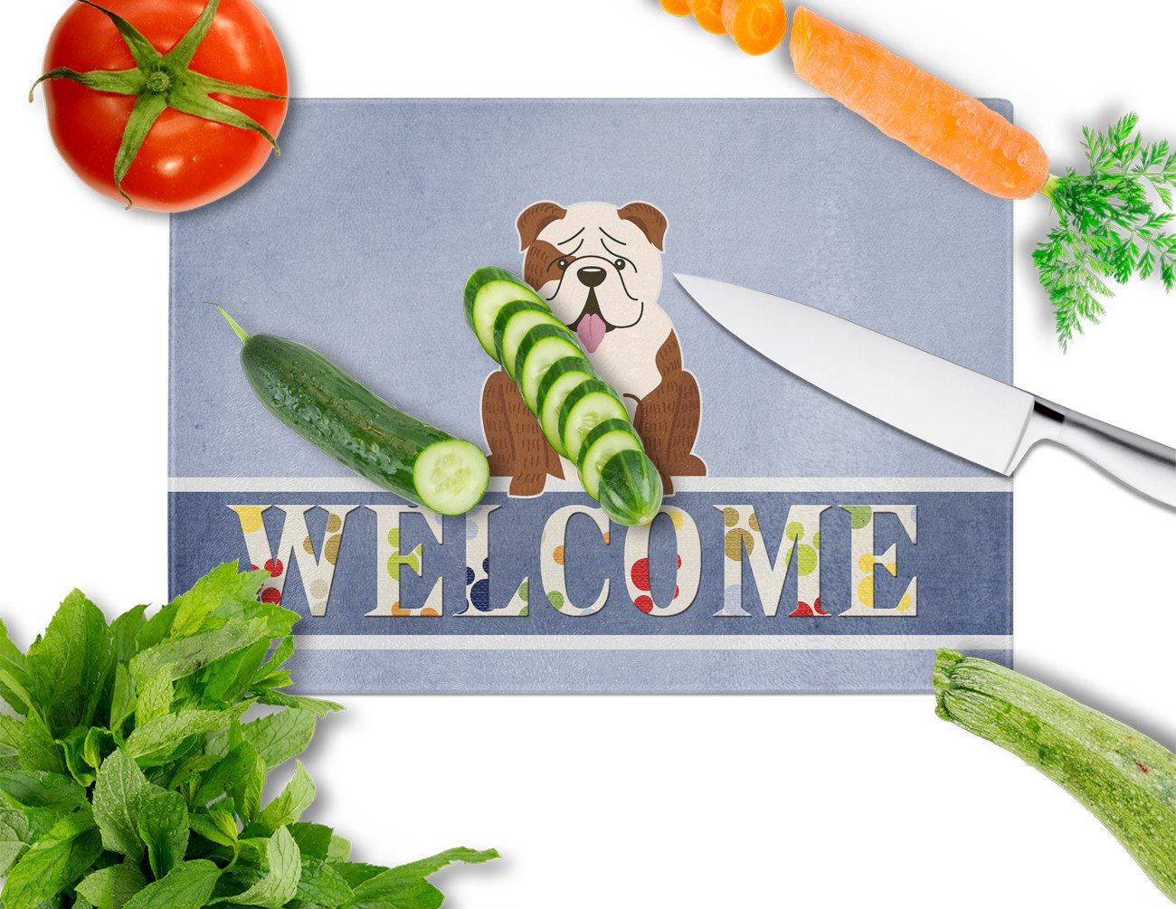 English Bulldog Brindle White Welcome Glass Cutting Board Large BB5702LCB by Caroline's Treasures