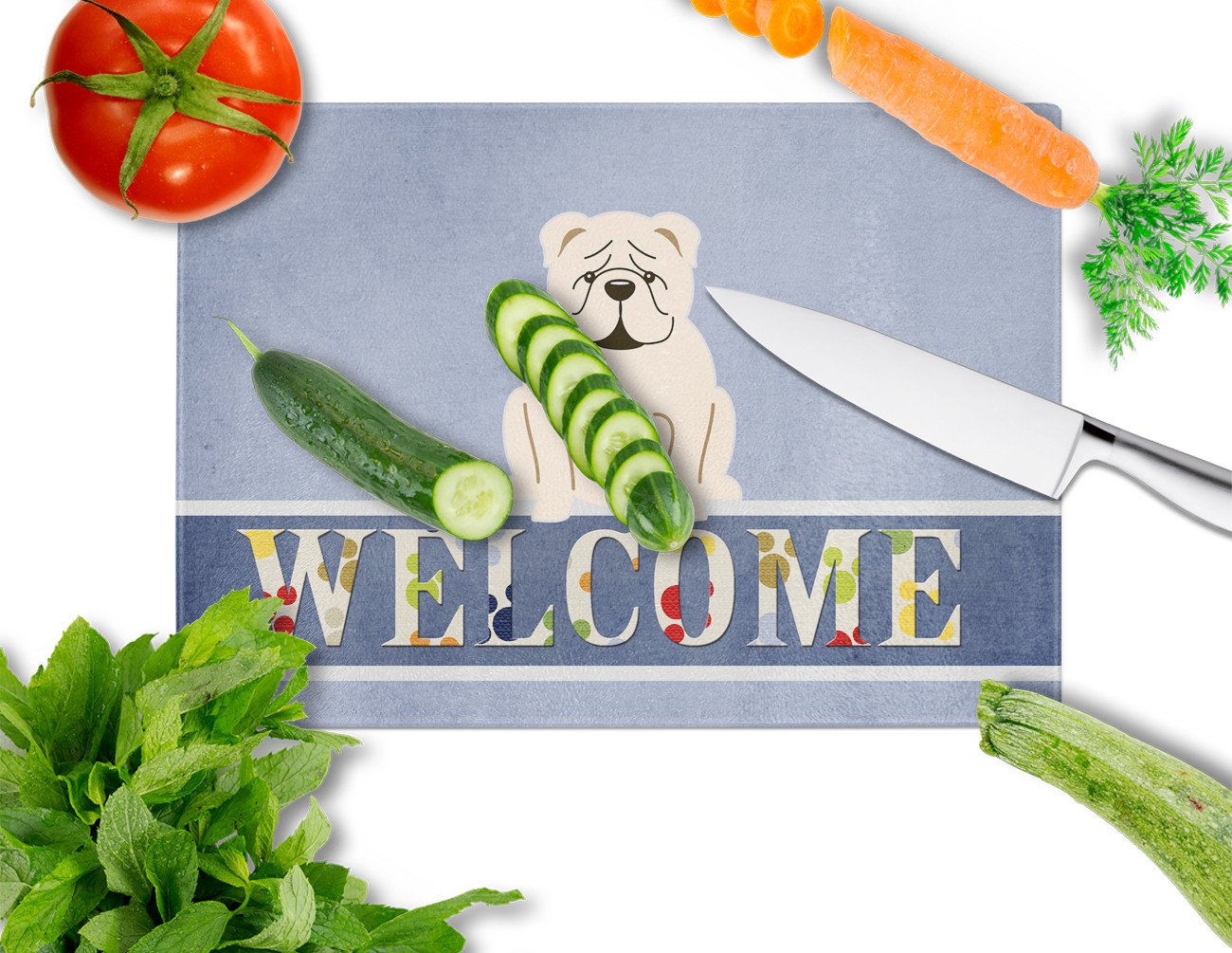 English Bulldog White Welcome Glass Cutting Board Large BB5704LCB by Caroline's Treasures