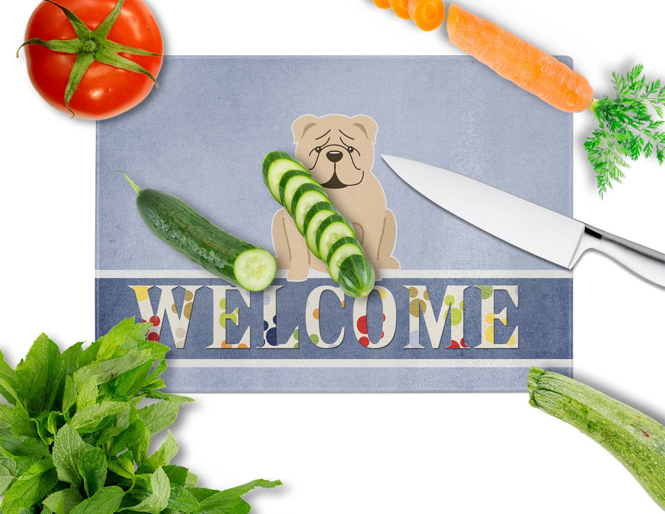 English Bulldog Fawn Welcome Glass Cutting Board Large BB5705LCB by Caroline's Treasures