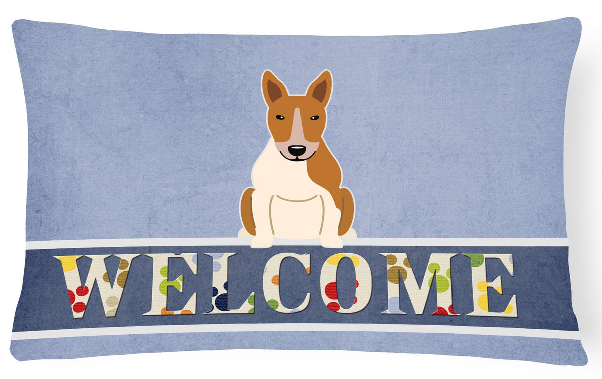 Bull Terrier Red White Welcome Canvas Fabric Decorative Pillow BB5716PW1216 by Caroline&#39;s Treasures