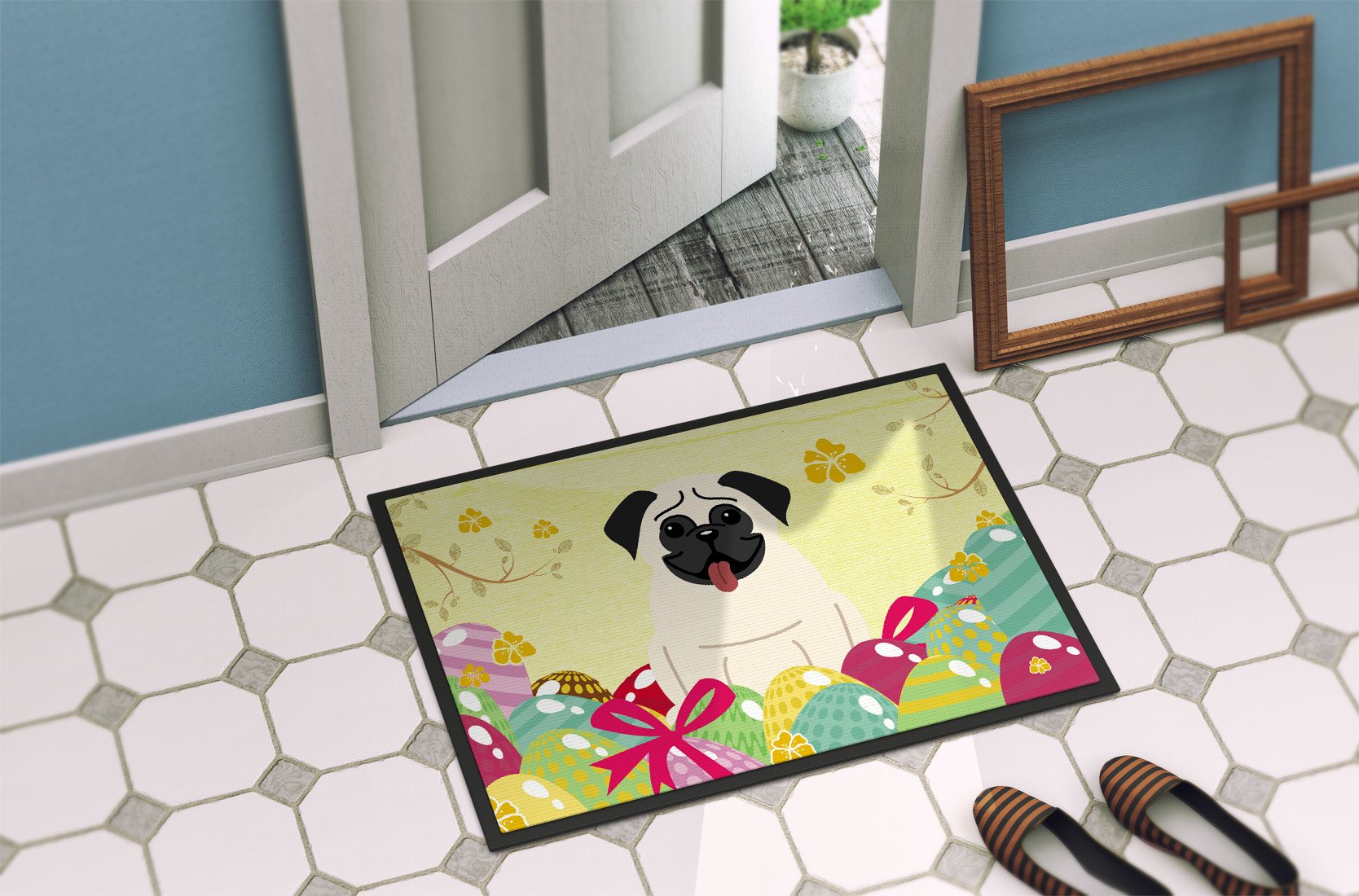 Easter Eggs Pug Cream Indoor or Outdoor Mat 24x36 BB6004JMAT by Caroline's Treasures