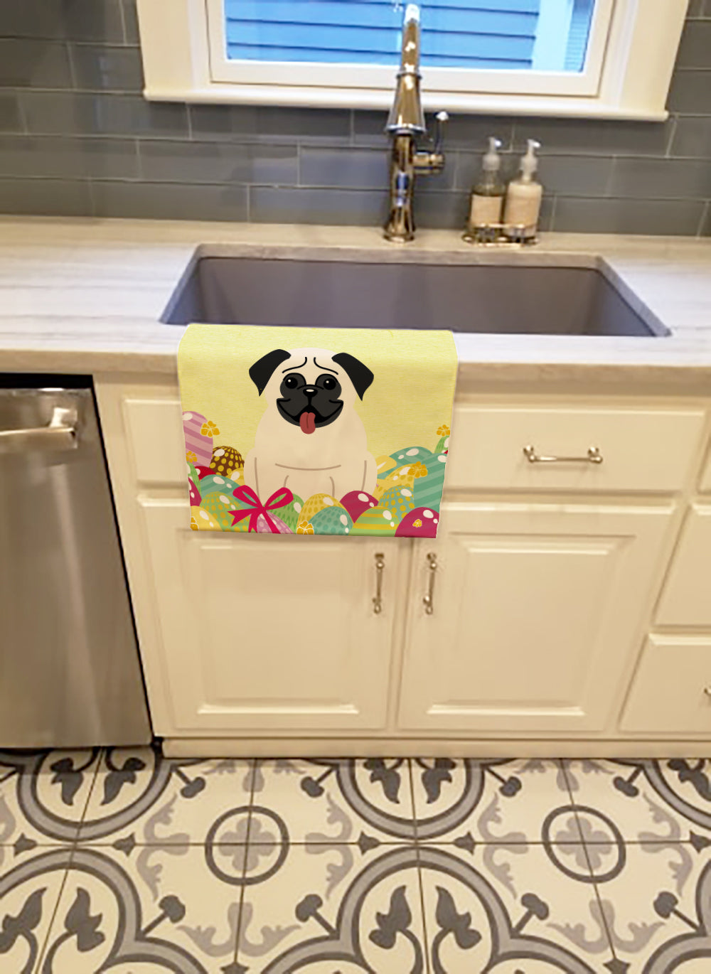 Easter Eggs Pug Cream Kitchen Towel BB6004KTWL - the-store.com