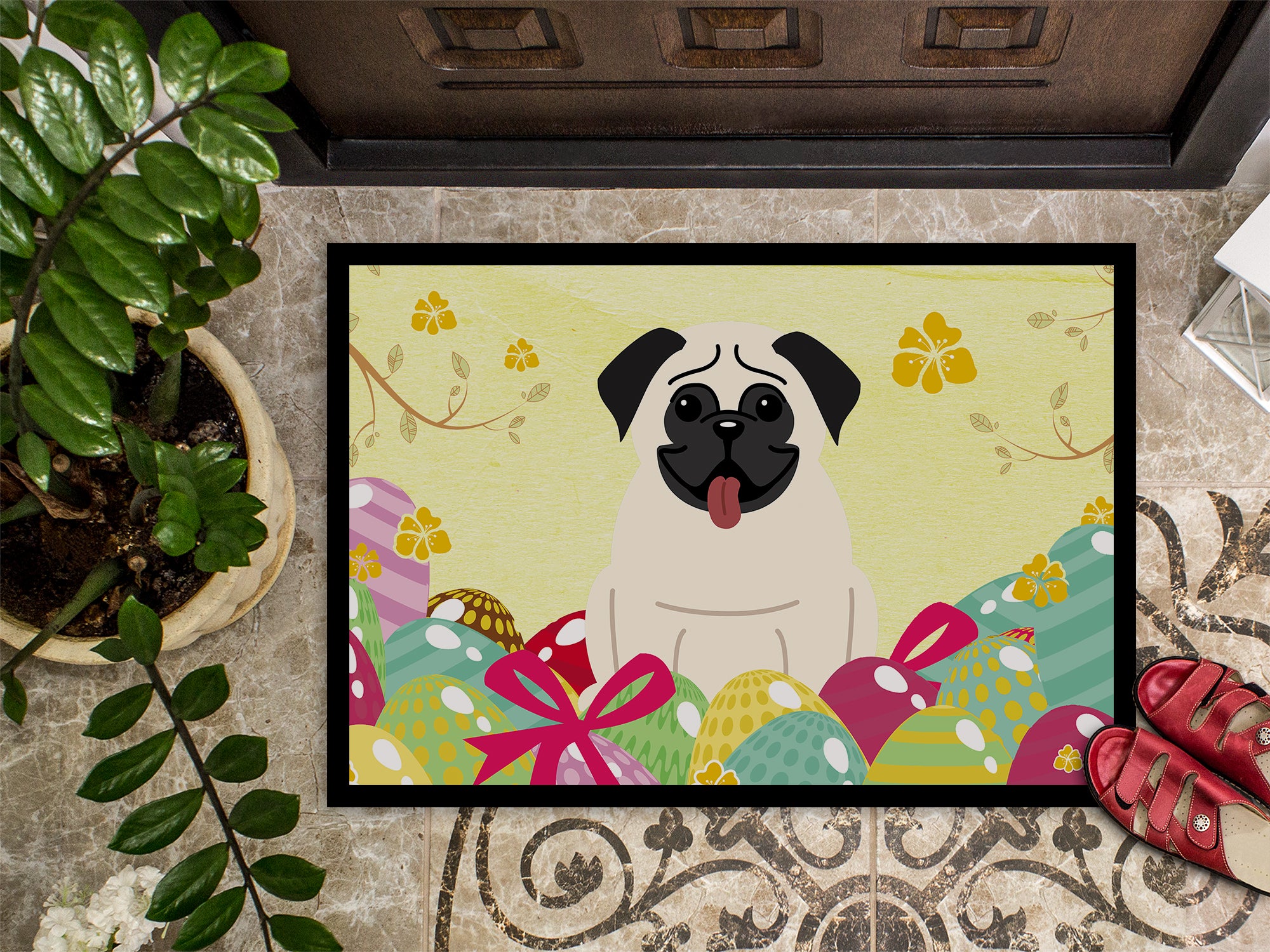 Easter Eggs Pug Cream Indoor or Outdoor Mat 18x27 BB6004MAT - the-store.com