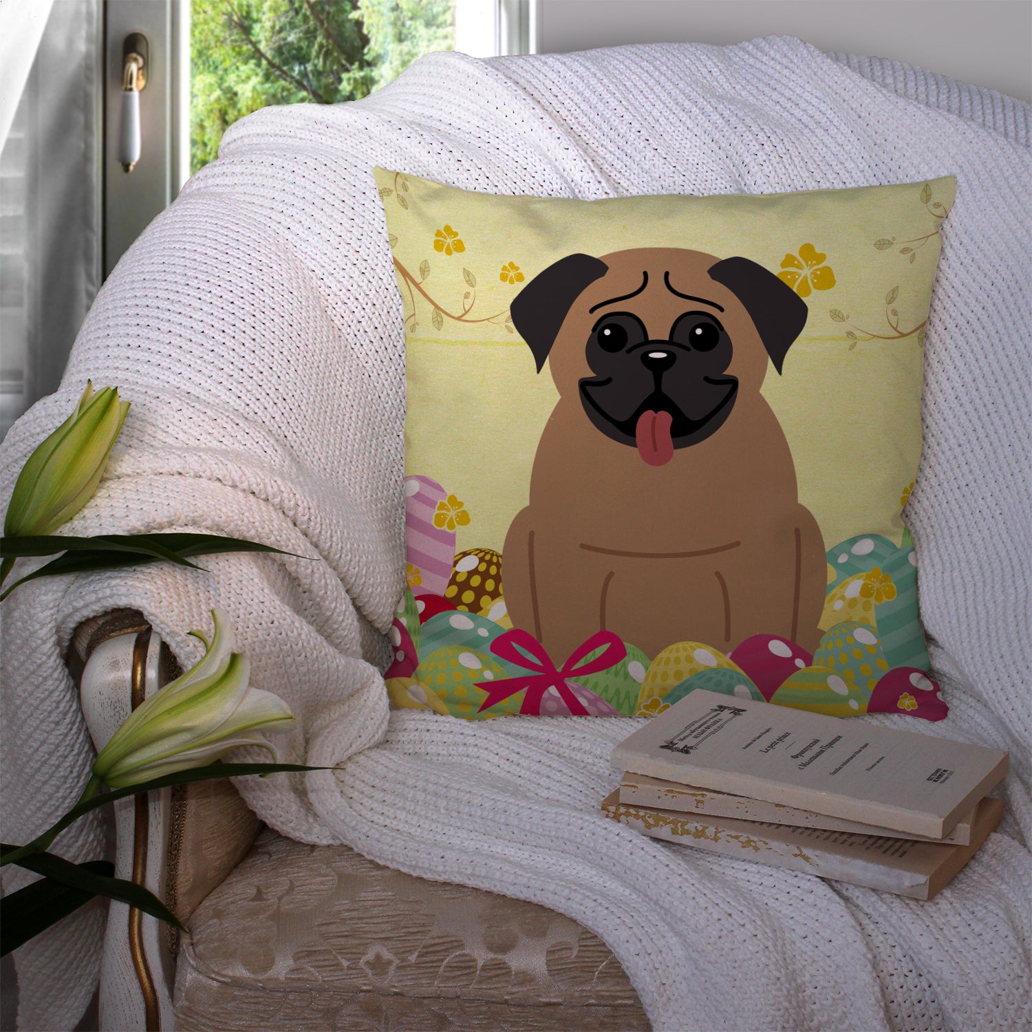 Easter Eggs Pug Brown Fabric Decorative Pillow BB6005PW1414 - the-store.com