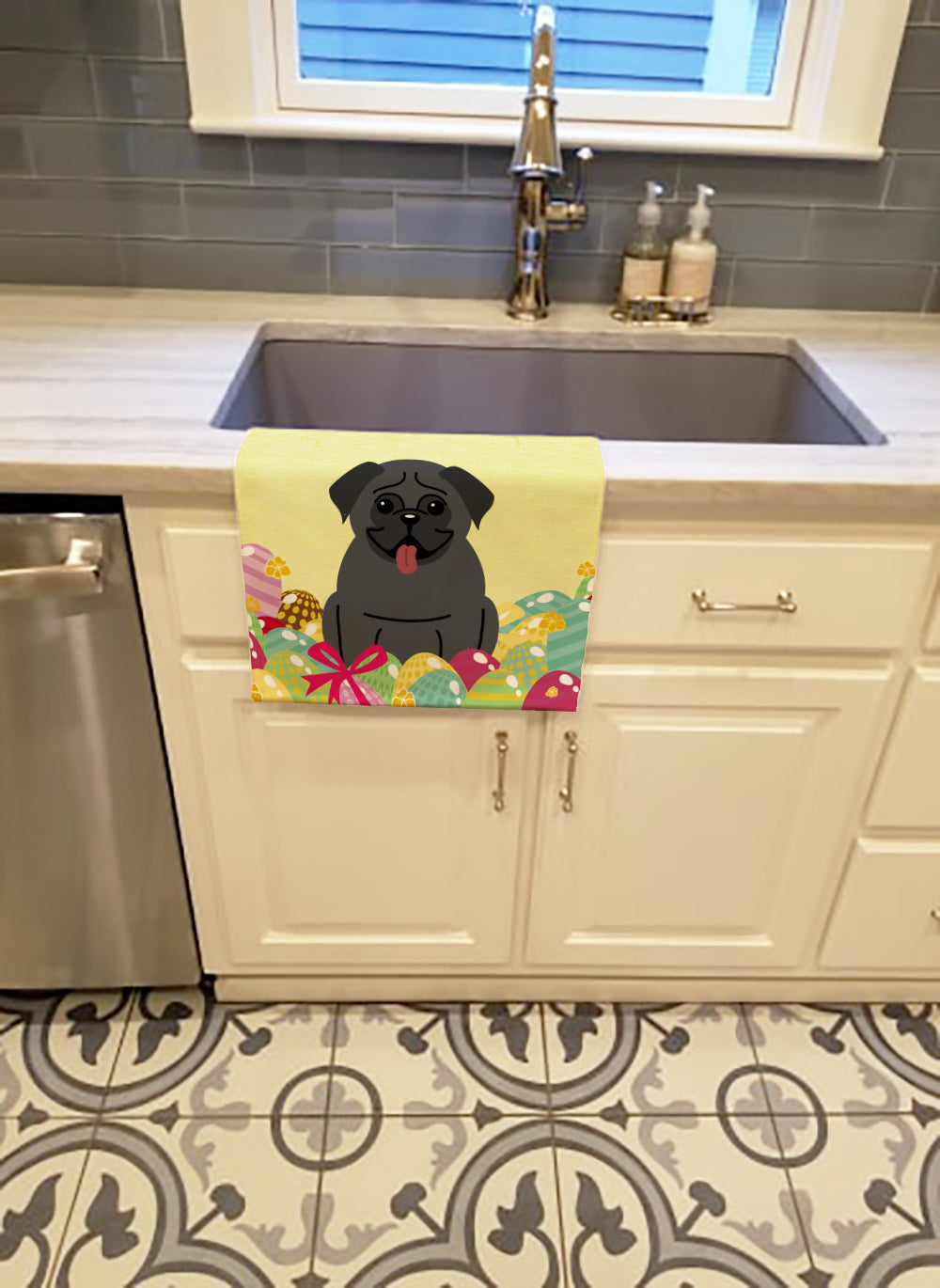 Easter Eggs Pug Black Kitchen Towel BB6006KTWL - the-store.com