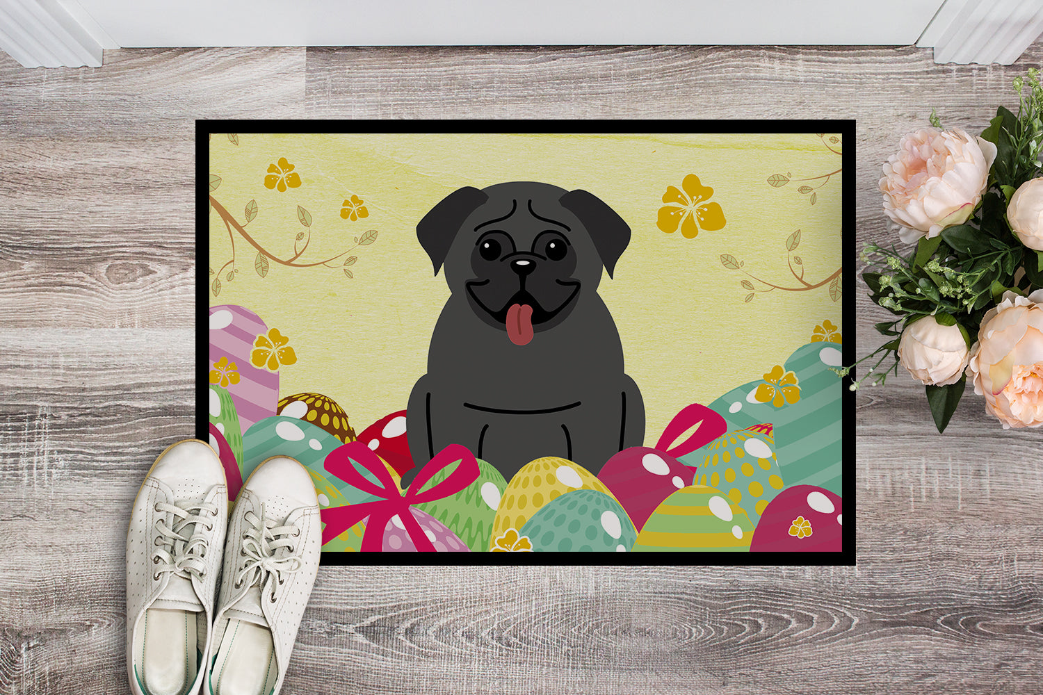 Easter Eggs Pug Black Indoor or Outdoor Mat 18x27 BB6006MAT - the-store.com