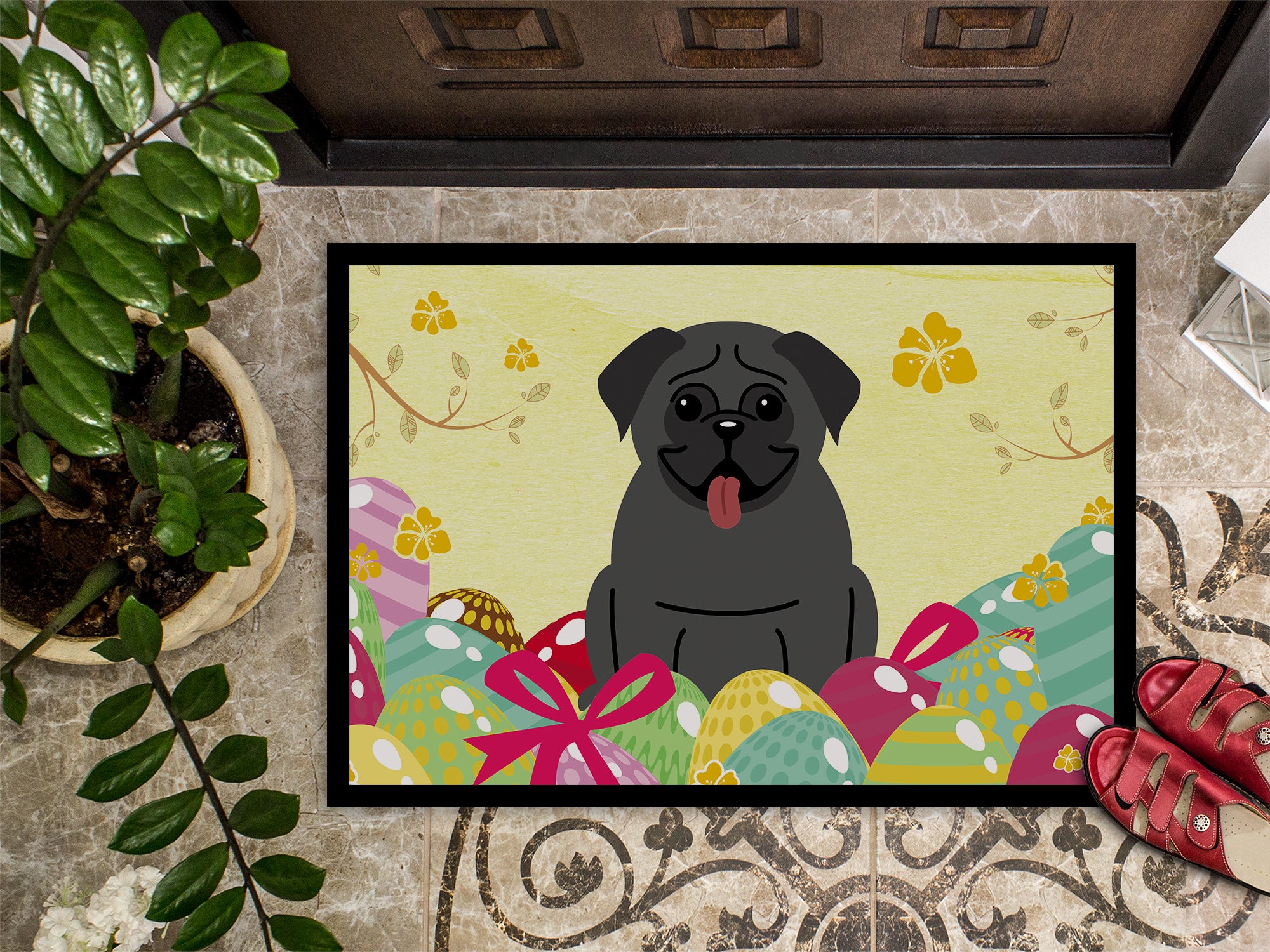 Easter Eggs Pug Black Indoor or Outdoor Mat 18x27 BB6006MAT - the-store.com