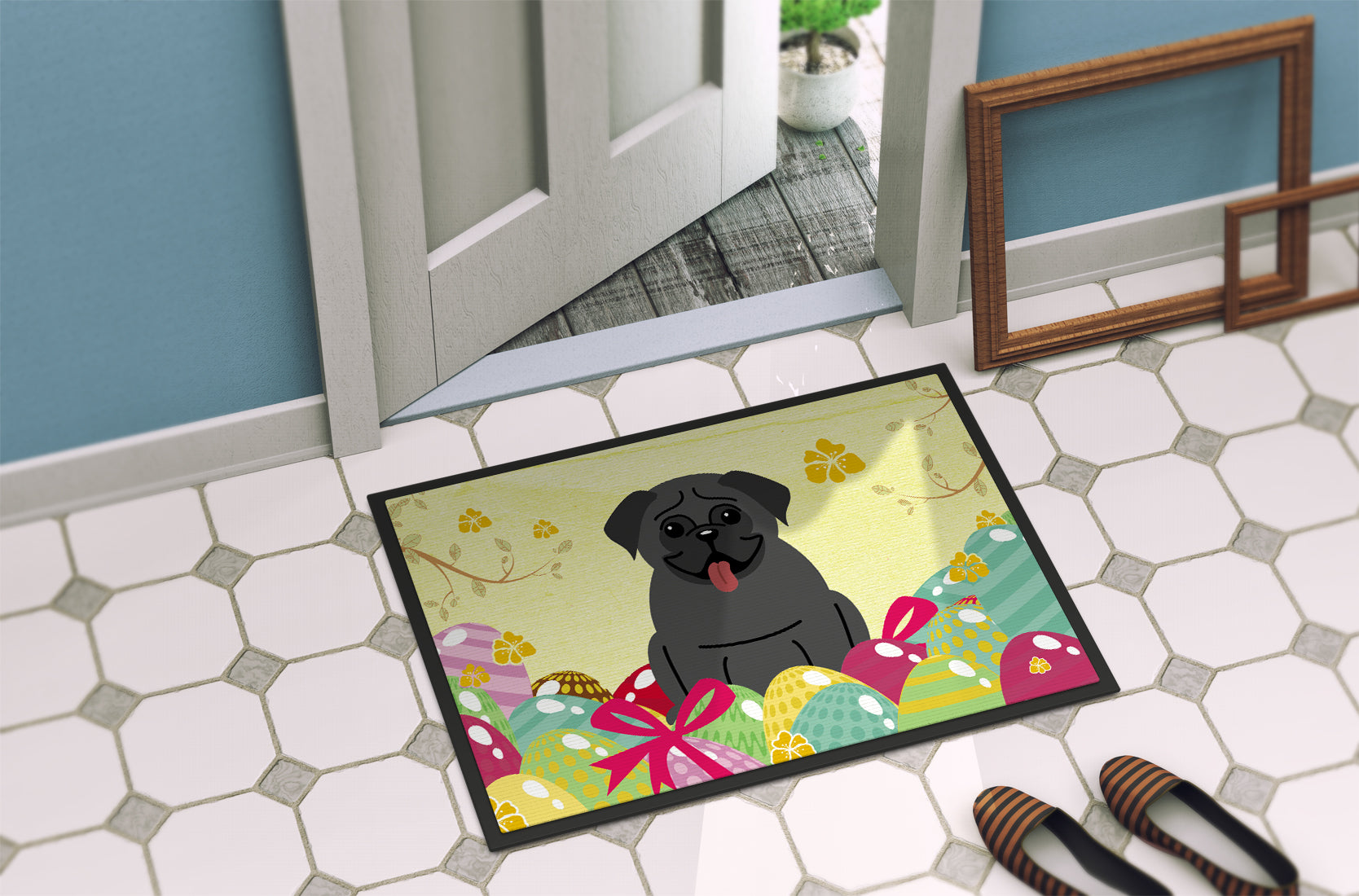 Easter Eggs Pug Black Indoor or Outdoor Mat 18x27 BB6006MAT - the-store.com