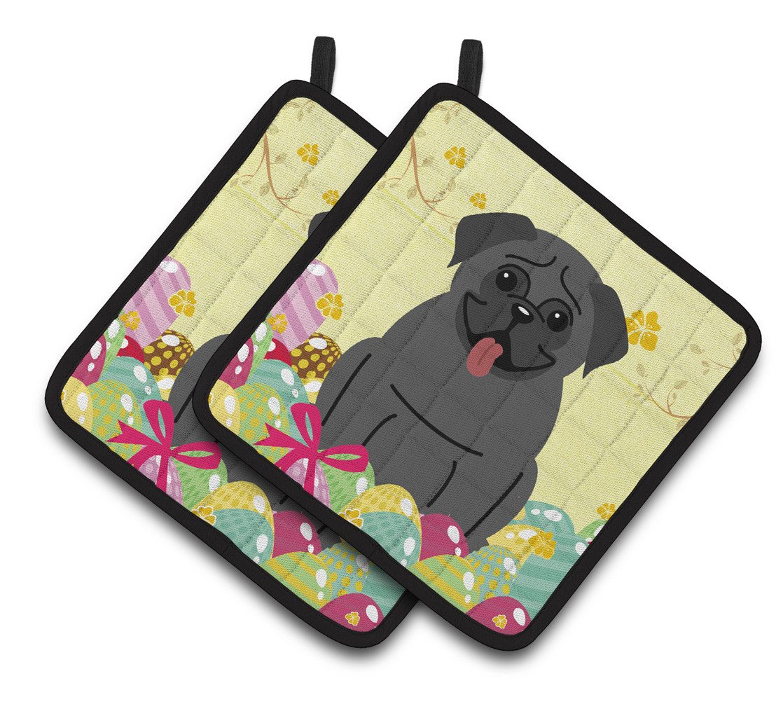 Easter Eggs Pug Black Pair of Pot Holders BB6006PTHD by Caroline&#39;s Treasures