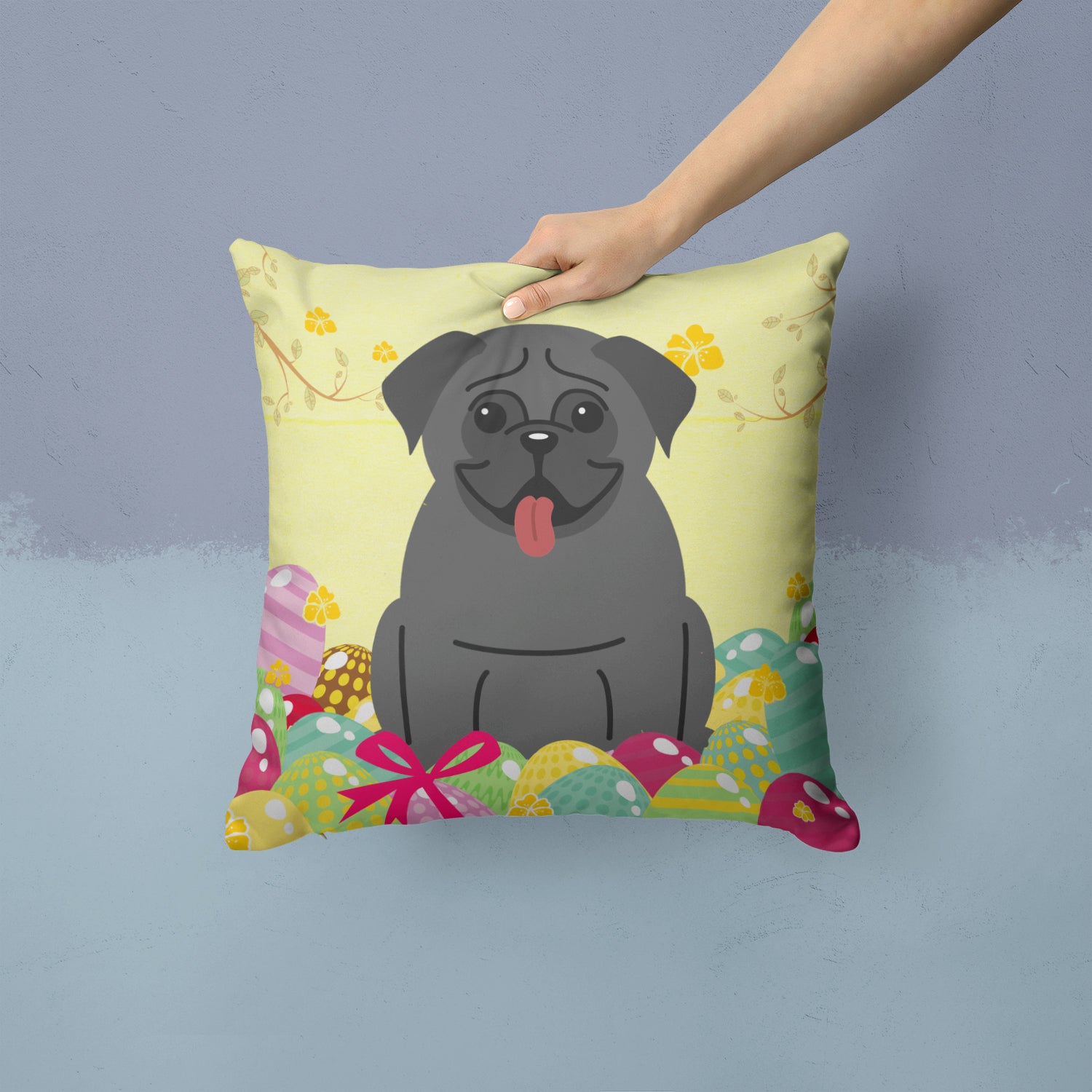 Easter Eggs Pug Black Fabric Decorative Pillow BB6006PW1414 - the-store.com