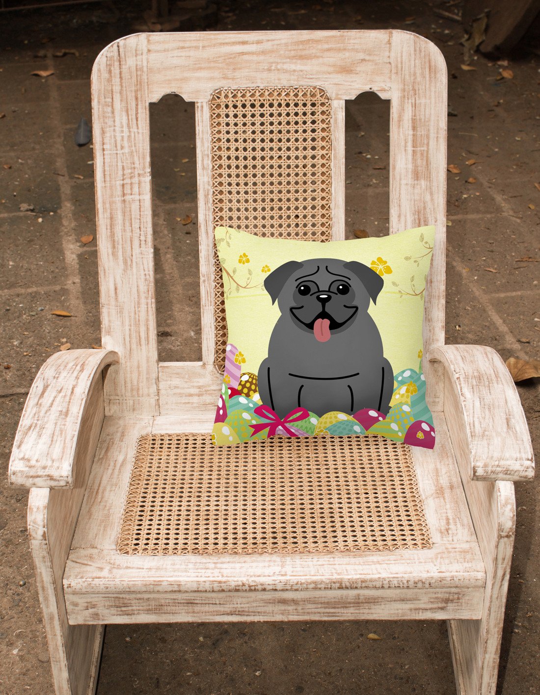 Easter Eggs Pug Black Fabric Decorative Pillow BB6006PW1818 by Caroline's Treasures