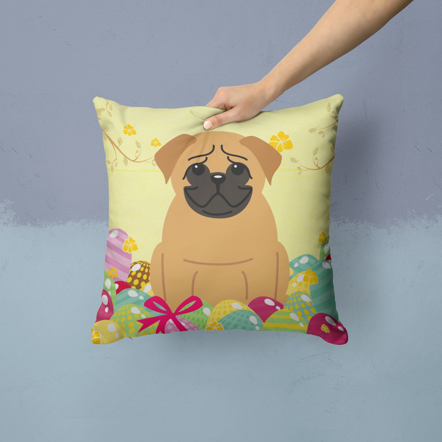 Easter Eggs Pug Brown Fabric Decorative Pillow BB6007PW1414 - the-store.com