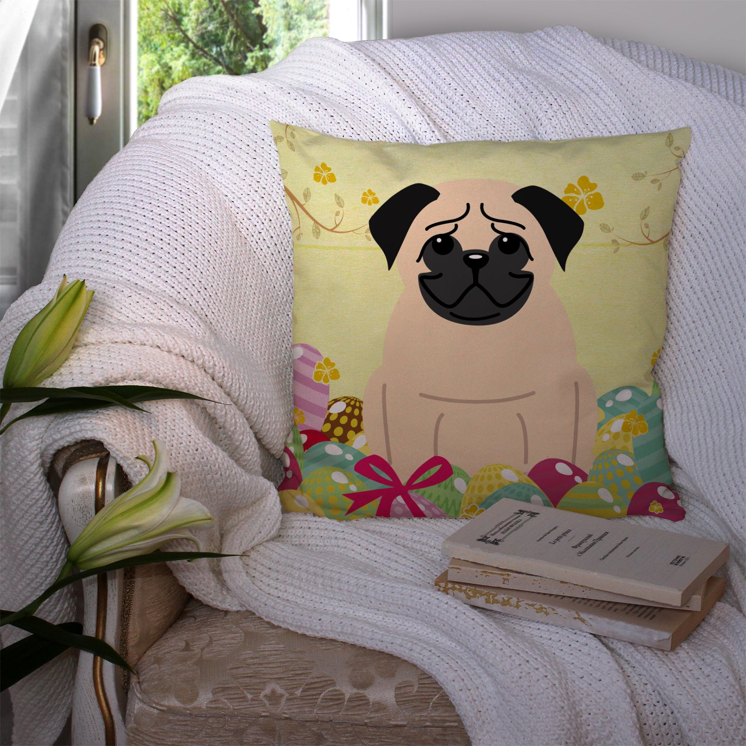 Easter Eggs Pug Fawn Fabric Decorative Pillow BB6008PW1414 - the-store.com